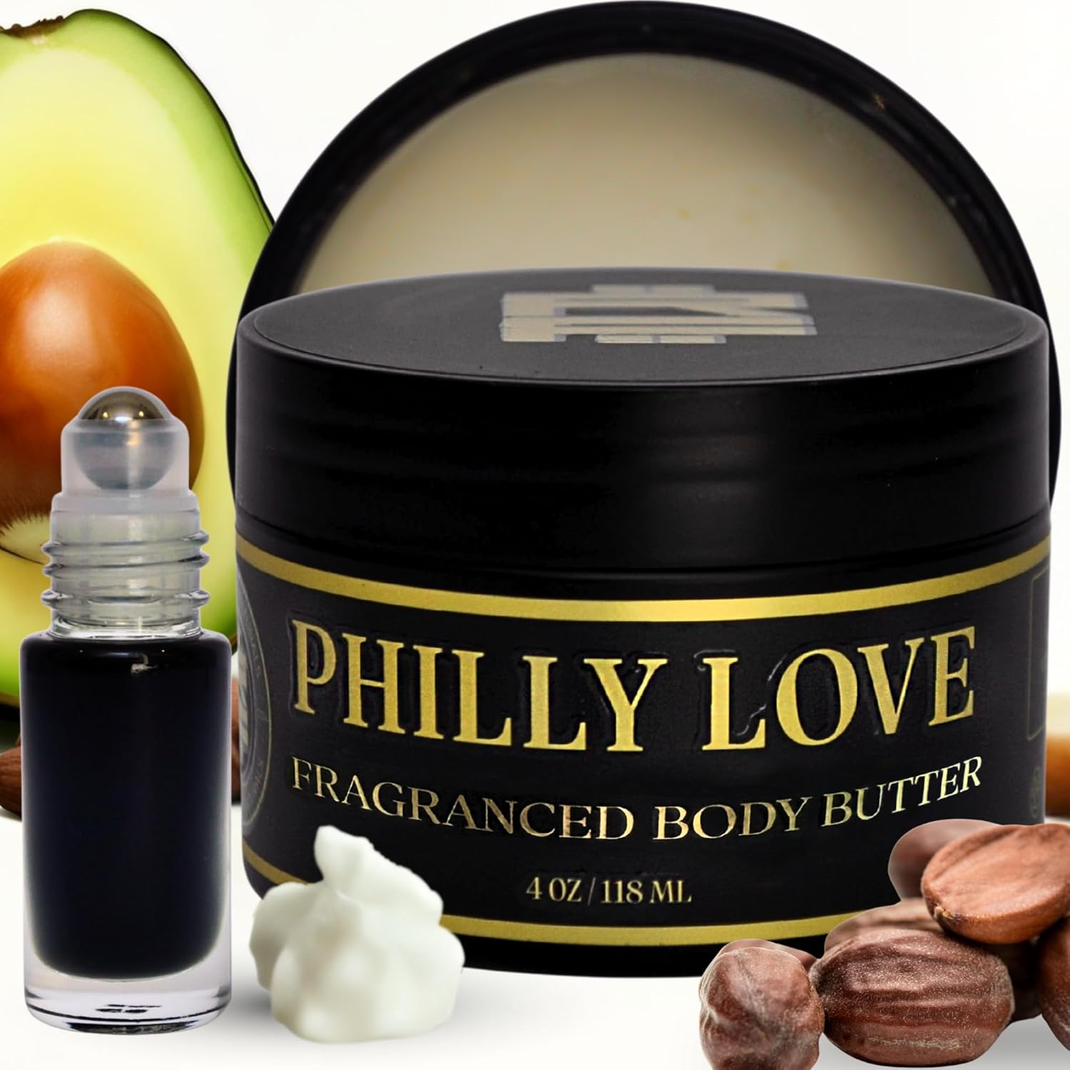 Cologne Body Butter for Men & Philly Love Sensual Scent Roller - Infused Shea Butter & Avocado Butter w/Black Fig, Vanilla Resin & Warm Amber All-Day Fragrance, Moisturizing Vitamin E Formula 4oz (2)