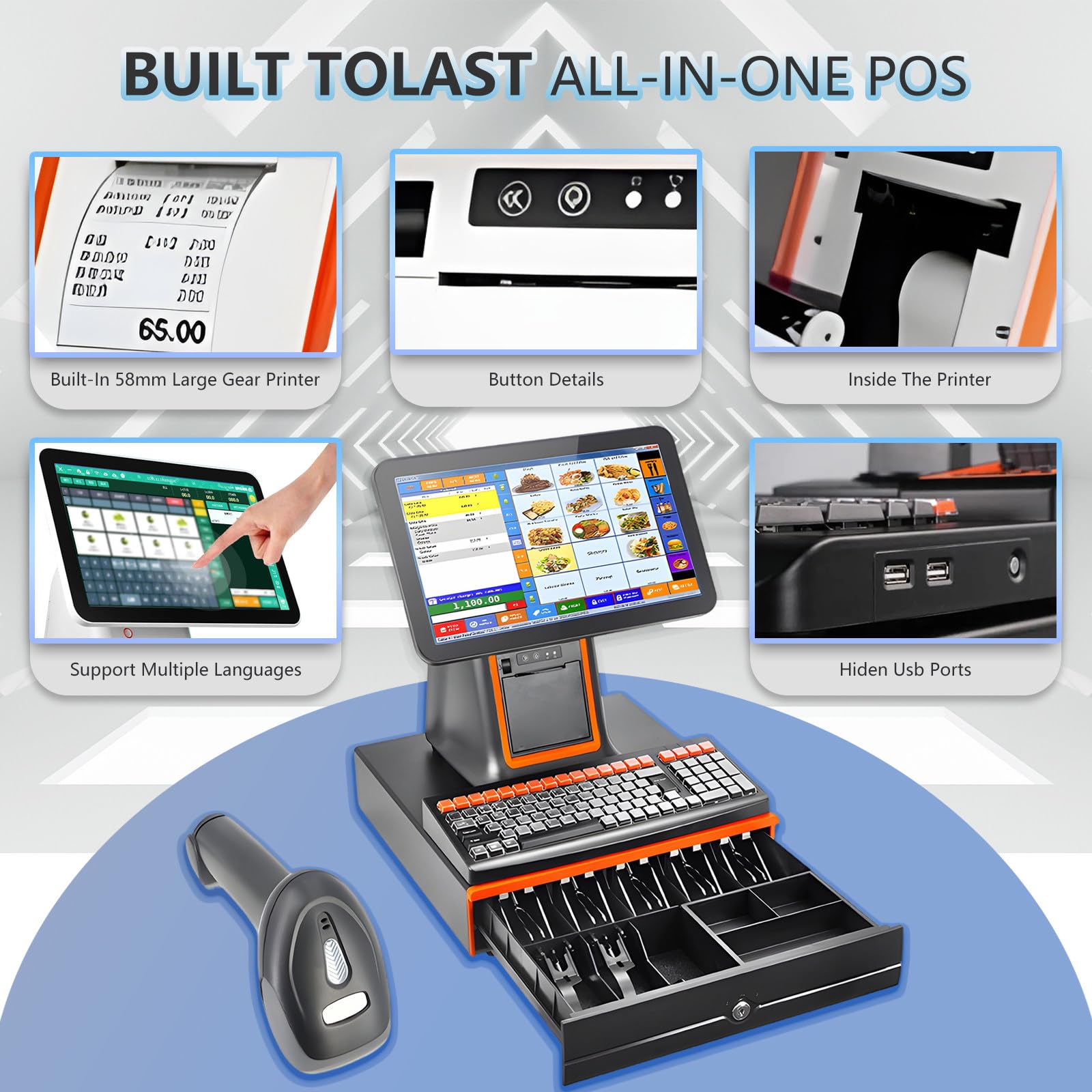 Caja Registradora Todo En Uno con Pantalla Táctil 15,6" E Impresora, Sistema POS Inteligente, Terminal Punto De Venta para Retail, Restaurante, Supermercado(White,SingleScreen)