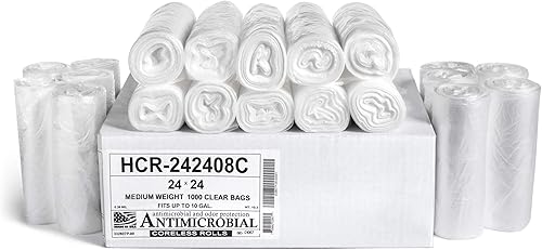 Aluf Plastics Bolsas de basura de alta densidad, 10 gal, 1,000 unidades, 8 m (eq.), 24 x 24 pulgadas, transparentes, para baño, oficina, industrial,