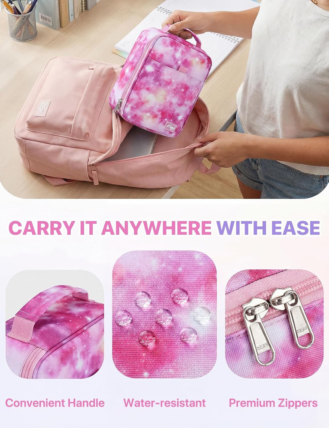 Kasqo Large Pencil Case, Marker Pencils Pouch Bag Holder Polyester Stationery Storage Multiple Compartment Top Handle for Middle High School Office College Student Girl Women Adult Teens,Pink Galaxy
