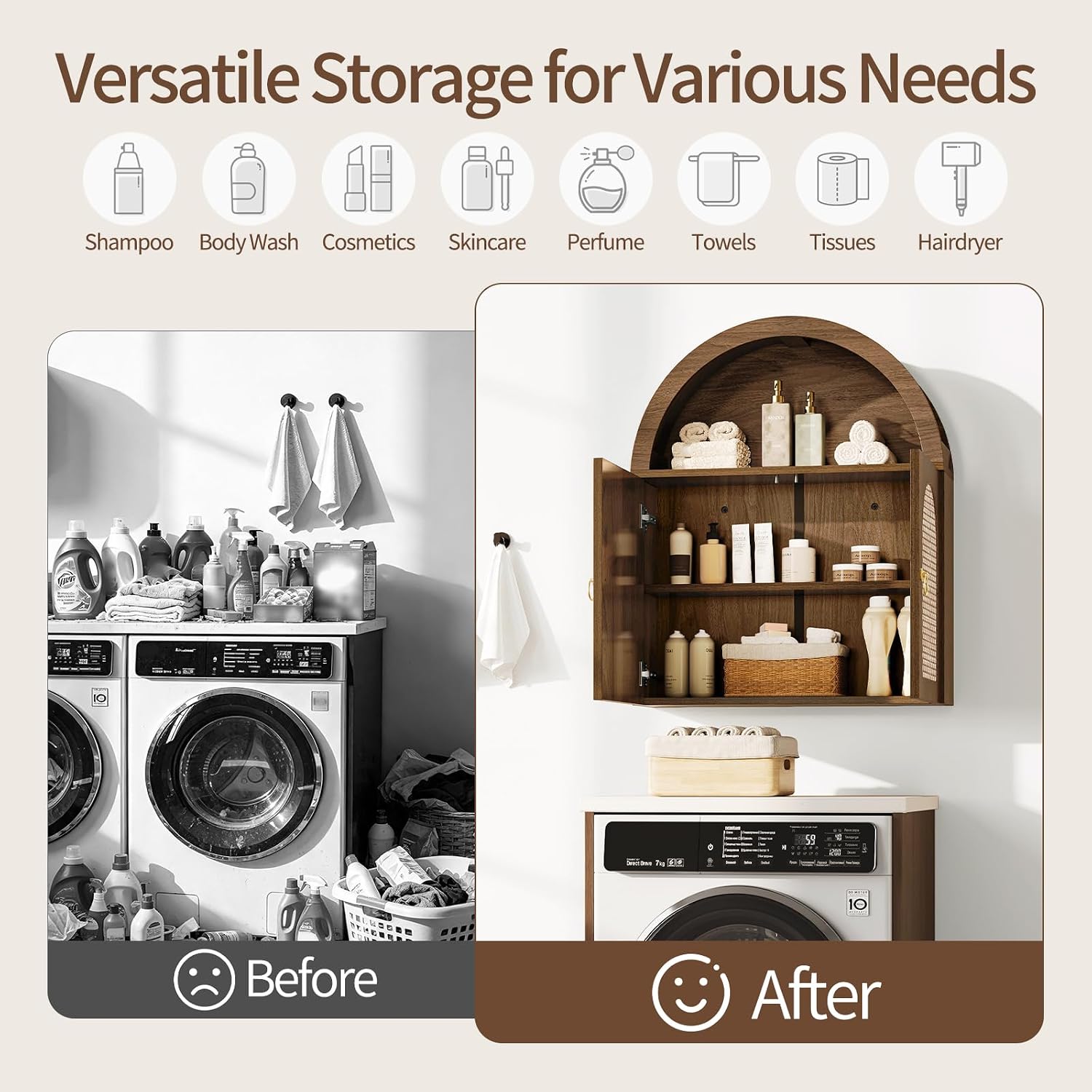 Arched Bathroom Wall Cabinet - Wood Over the Toilet Storage Cabinet