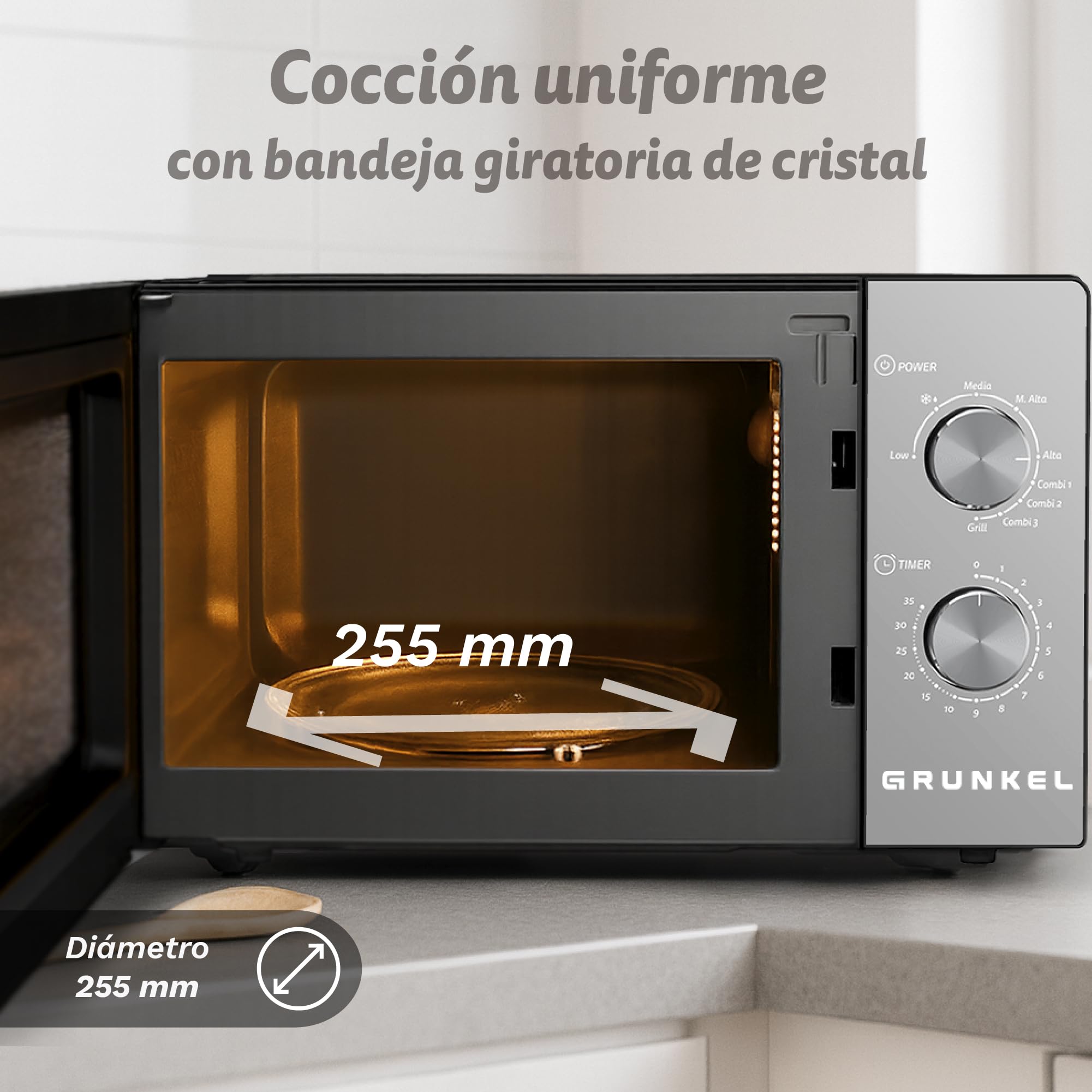 Microondas con grill Grunkel MWG-20ESPEJO de 20 litros y 700w con funcion grill 800w. Temporizador de 35 minutos 5 niveles de potencia y 3 modos combi. Acabado frontal espejo