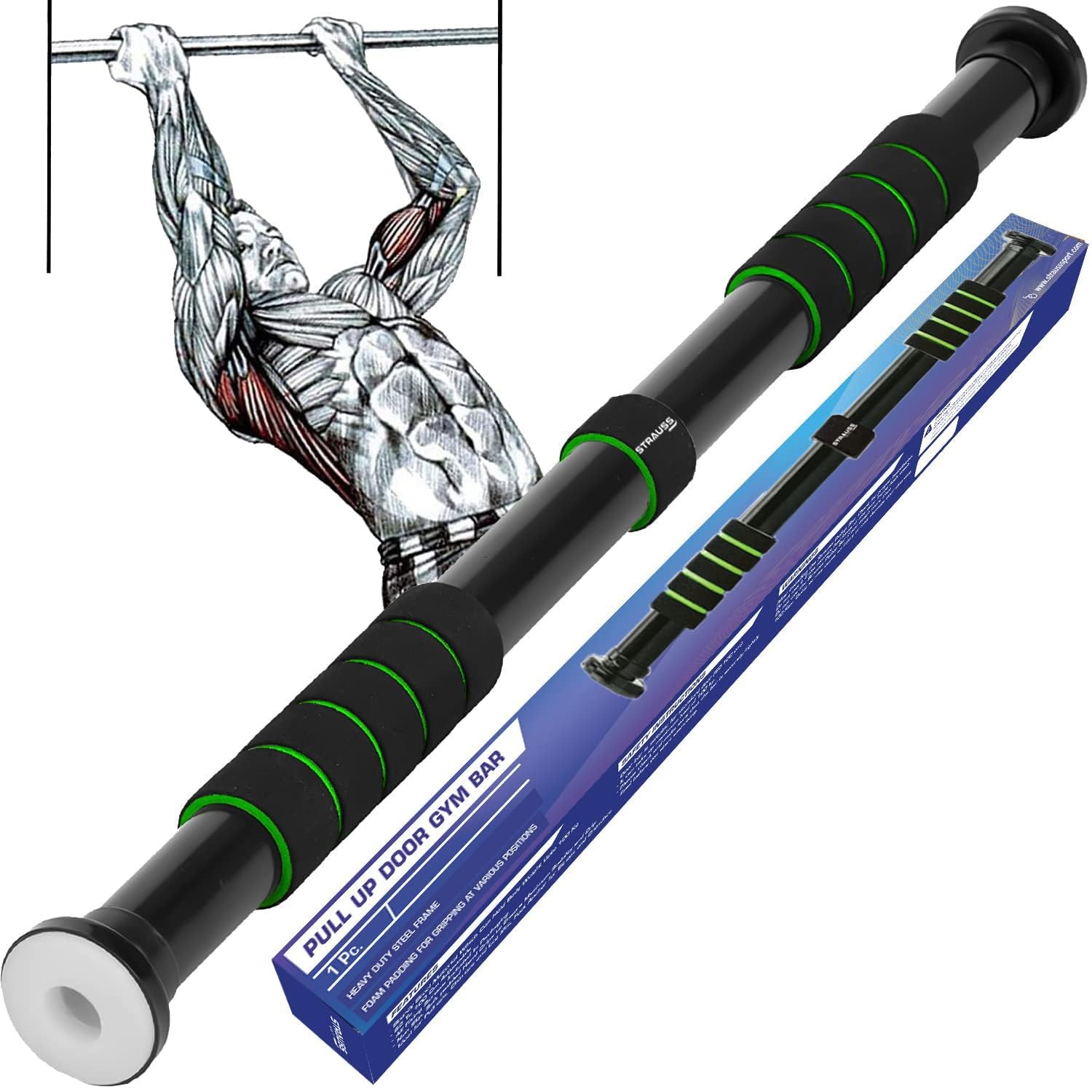 Strauss Chin Up Door Bar | Pull Up Bars for Home Workout with Palm Pad and Anti-Skid Grip | Door Way Adjustable Length Hanging Rod Without Screw | Hanging Bar for Pull-ups,Push ups & Chin ups,(Green) (B09V6ZLHD7) Amazon Price History, Amazon Price Tracker