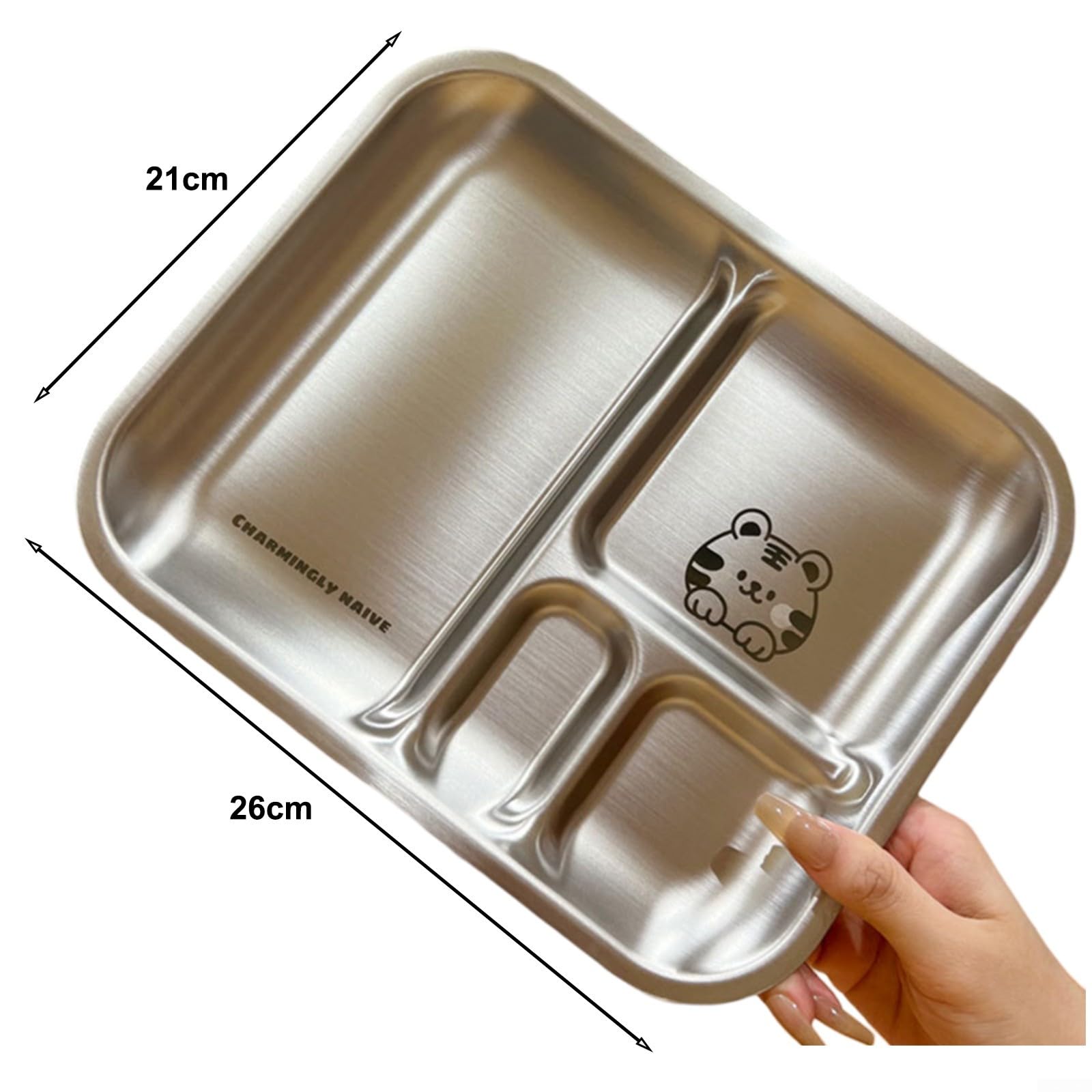 Homefurnishmall Assiettes à dîner divisées en acier inoxydable, 26 x 21 x 2 cm, vaisselle à 4 compartiments pour enfants, adultes, camping (pour tigre)