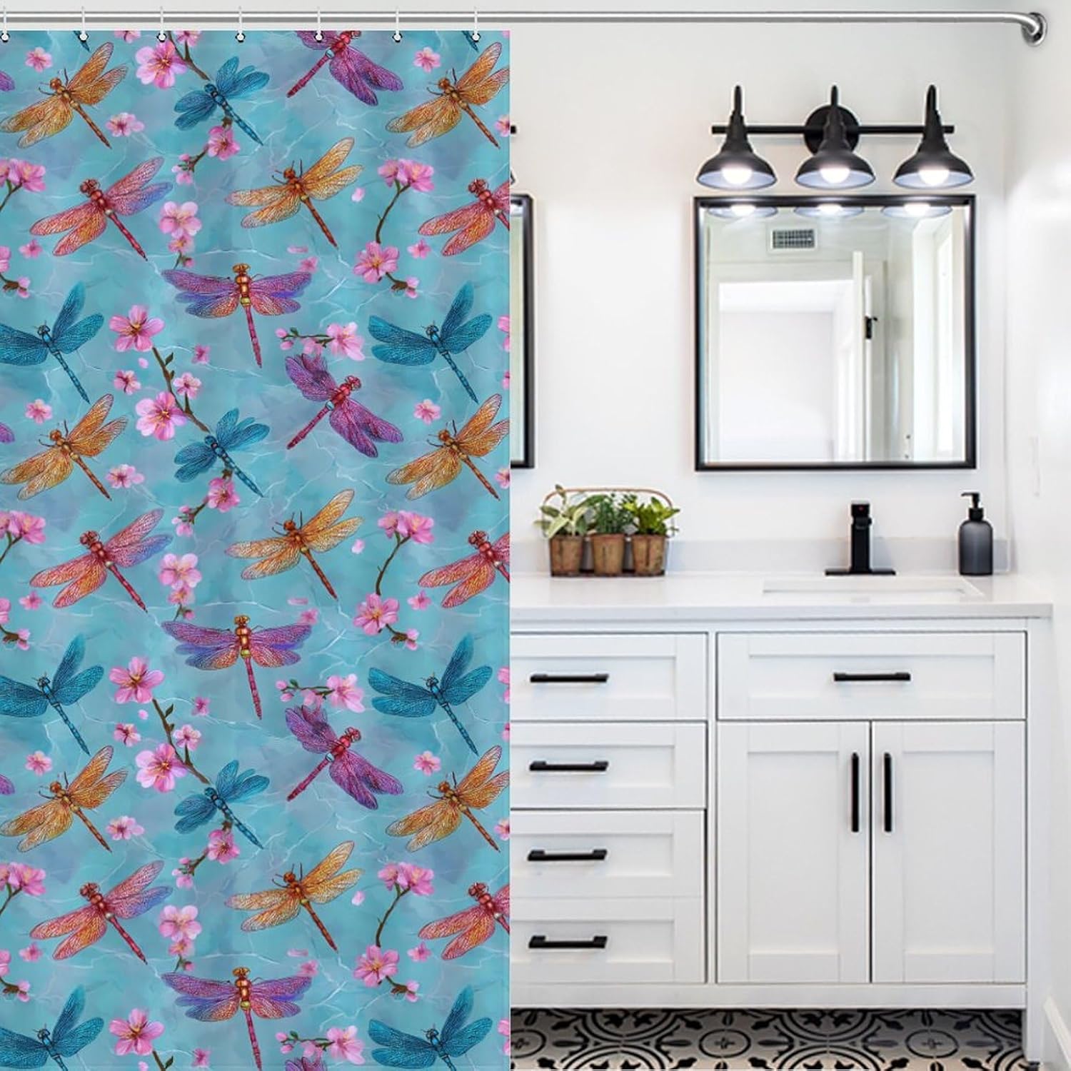 Dragonfly and Floral Shower Curtain 46.85x70.87Inch（119x180cm） Polyester Bath Curtain Shower Curtains Printed Decorative