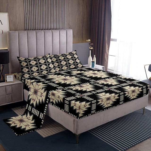 Feelyou Aztec Sheet Set King Size Kids Aztec Southwestern Printed Bed Sheets Set Bohemian Sheets with Deep Pocket