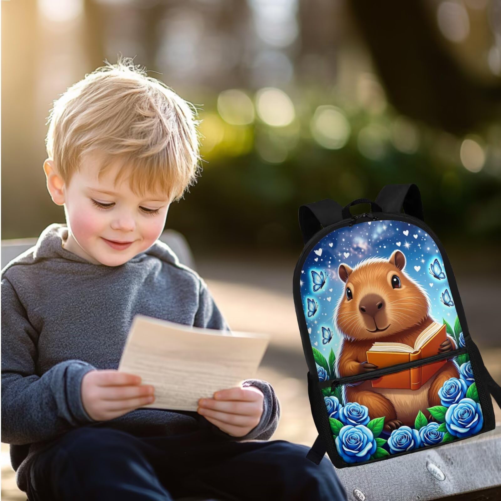 3-in-1-Rucksack für Kinder, Jungen, Schultaschen-Set mit isolierten Lunch-Taschen, Stifthalter, Schultaschen-Sets, Süße Capybara-Rose, One Size, Schulranzen-Set