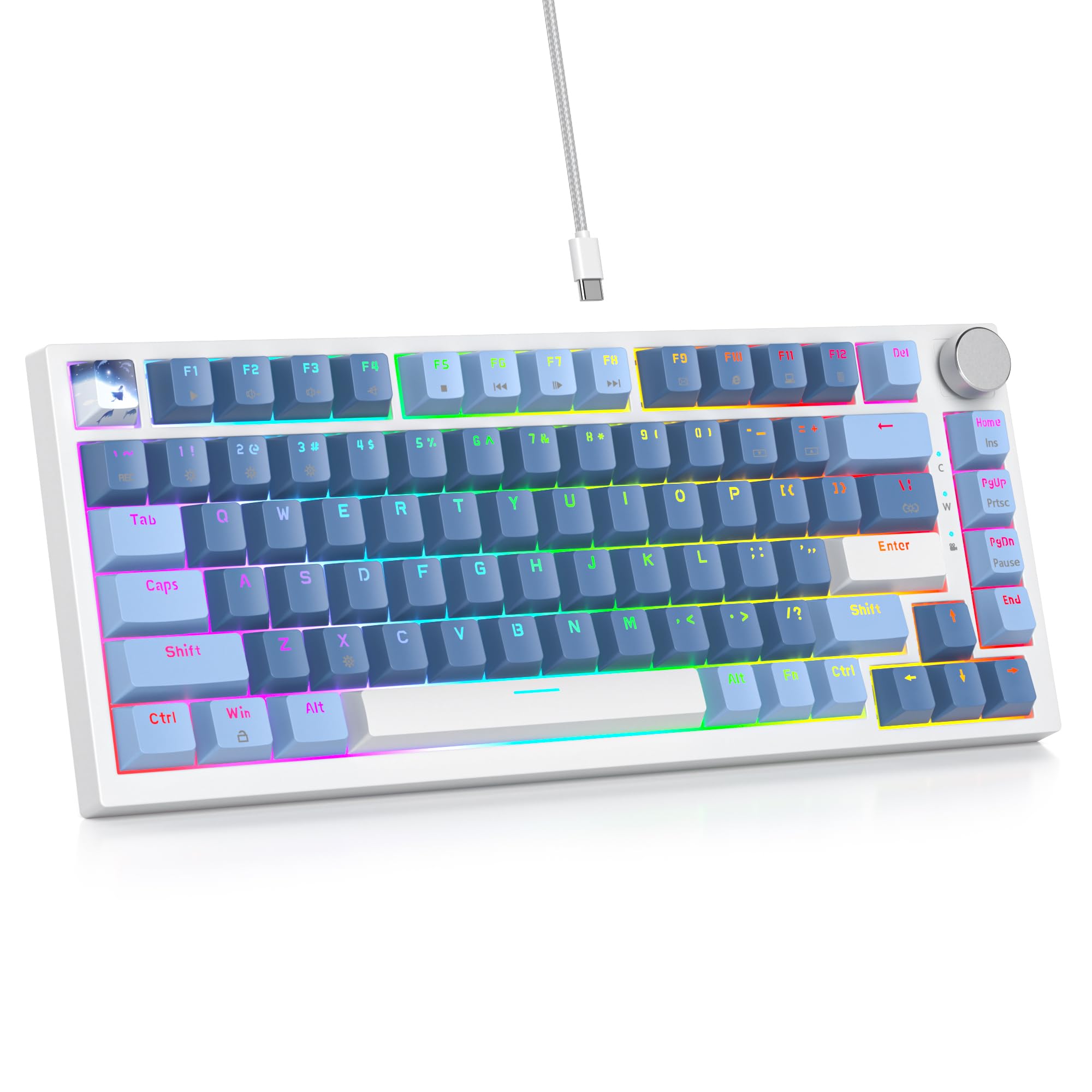 Guffercty kred 75% Percent Blue Keyboard Gasket Mount with Knob, Hot-swappable RGB Wired Mechanical Gaming Keyboard Programmable for Mac/Win (82 Sea Fog Blue)
