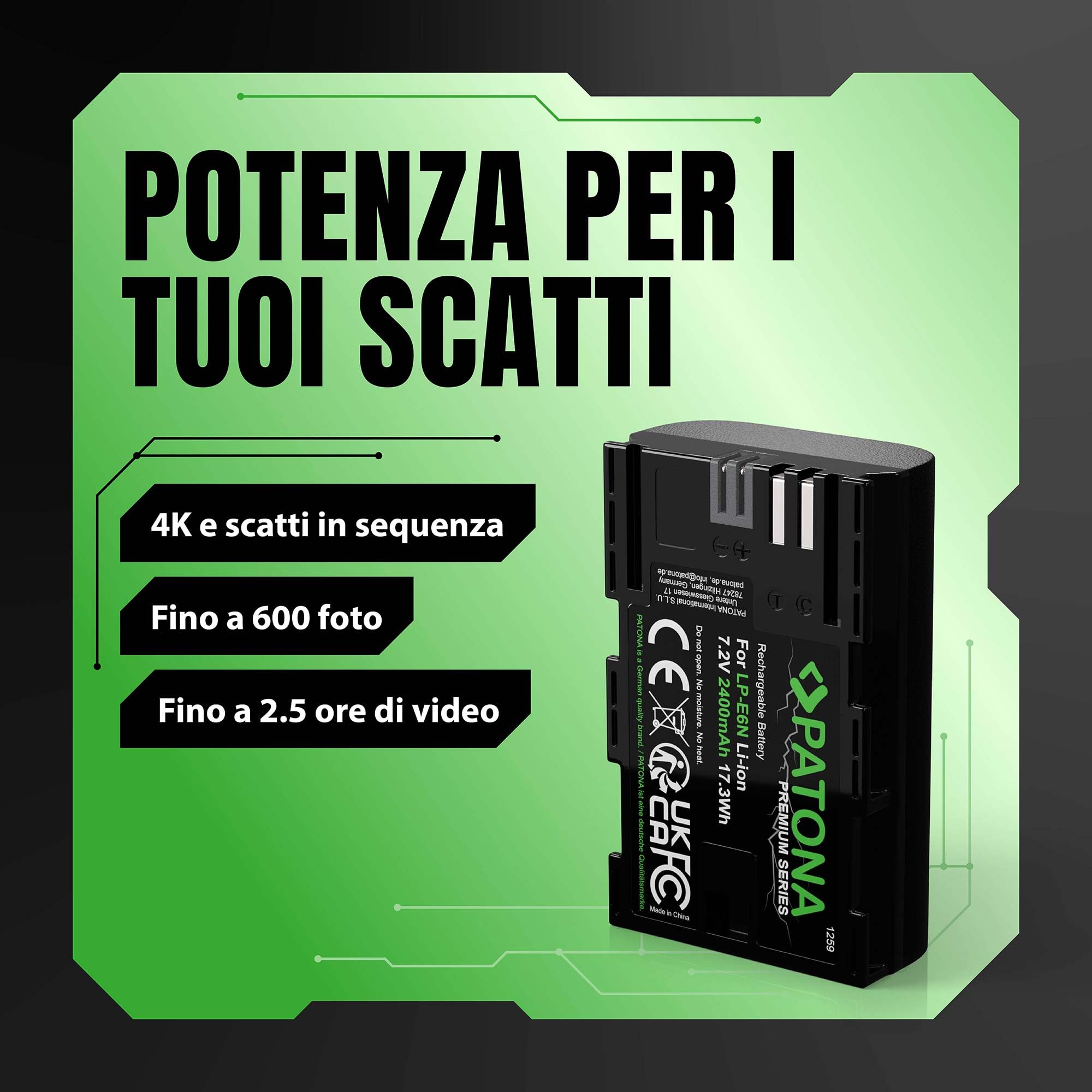 PATONA Premium Batteria LP-E6N 2400mAh – ricambio per Canon LP-E6N LP-E6 – compatibile con EOS R R5 R6 5D Mark II/III/IV 5DS 6D 7D 60D–90D XC10 XC15 – la scelta conveniente