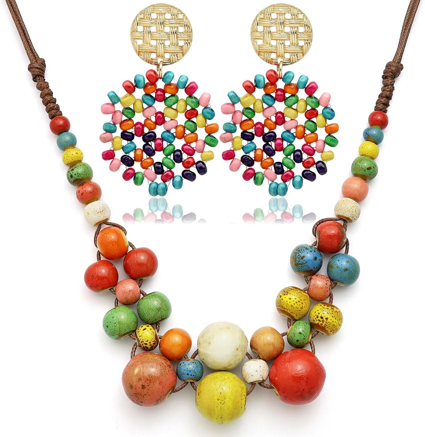 2 Pcs Hippie Boho Colorful Ceramic Beaded Necklace and Earrings Set for Women Adjustable Chunky Round Beads Strand Statement Necklace Colorful Summer Beaded Earrings Bohemian Jewelry Gift