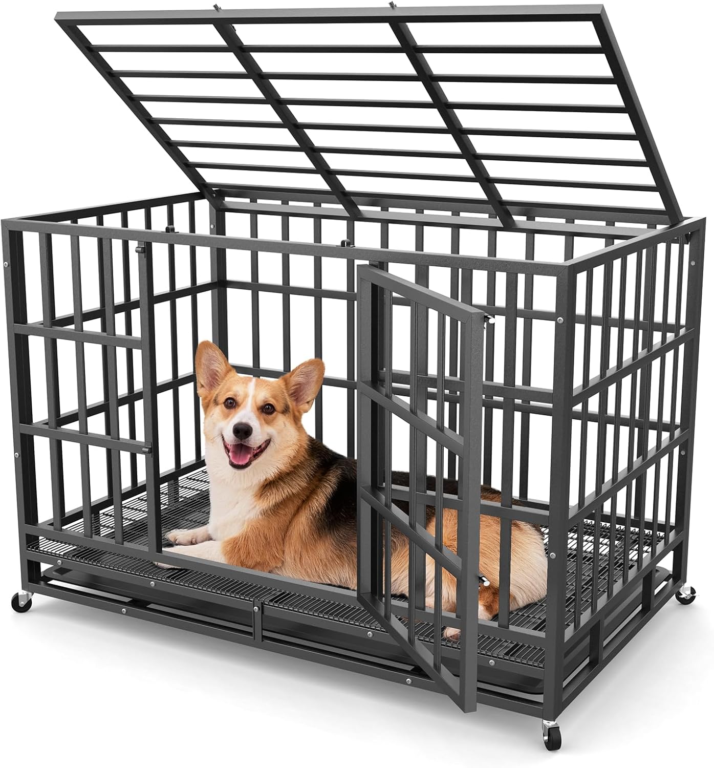 48 Inch Heavy Duty Dog Crate, Indestructible Escape-Proof Dog Kennel for High Anxiety Large Dogs, Strong Carbon Steel Metal Cage with Double Doors, Lockable Wheels & Removable Tray