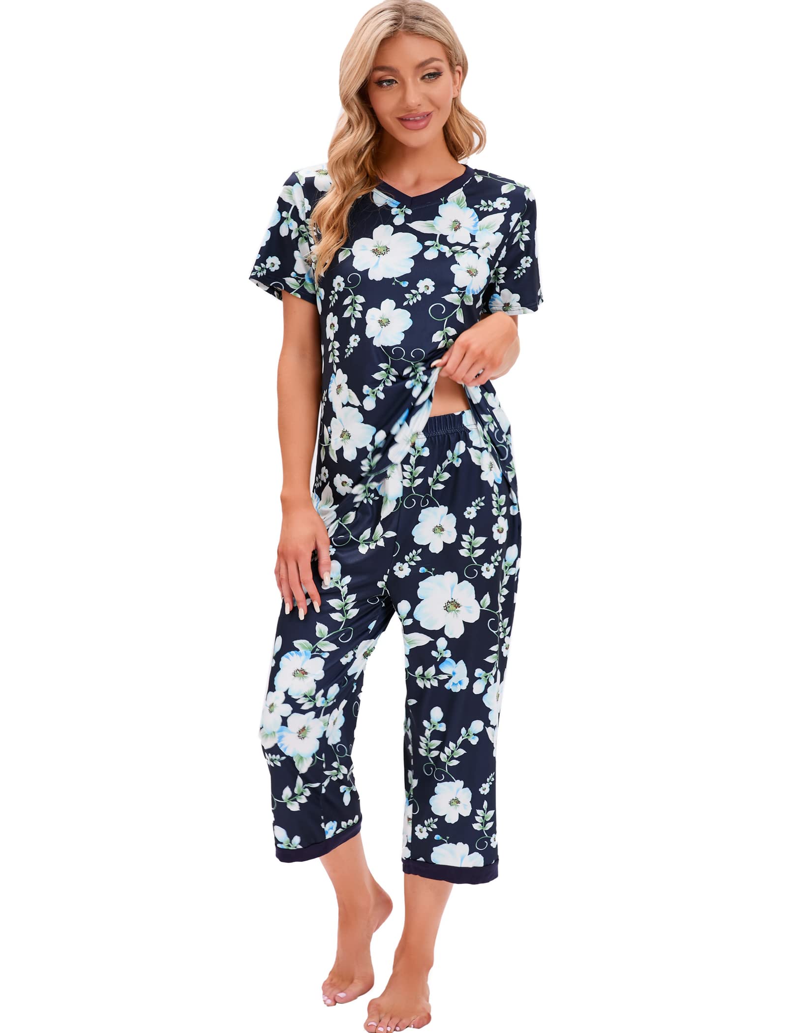 FamulilyWomens Pajamas Set Short Sleeve V-Neck Top with Capri Pants Casual and Floral Prints Sleepwear Pjs Loungewear Sets S-XXL