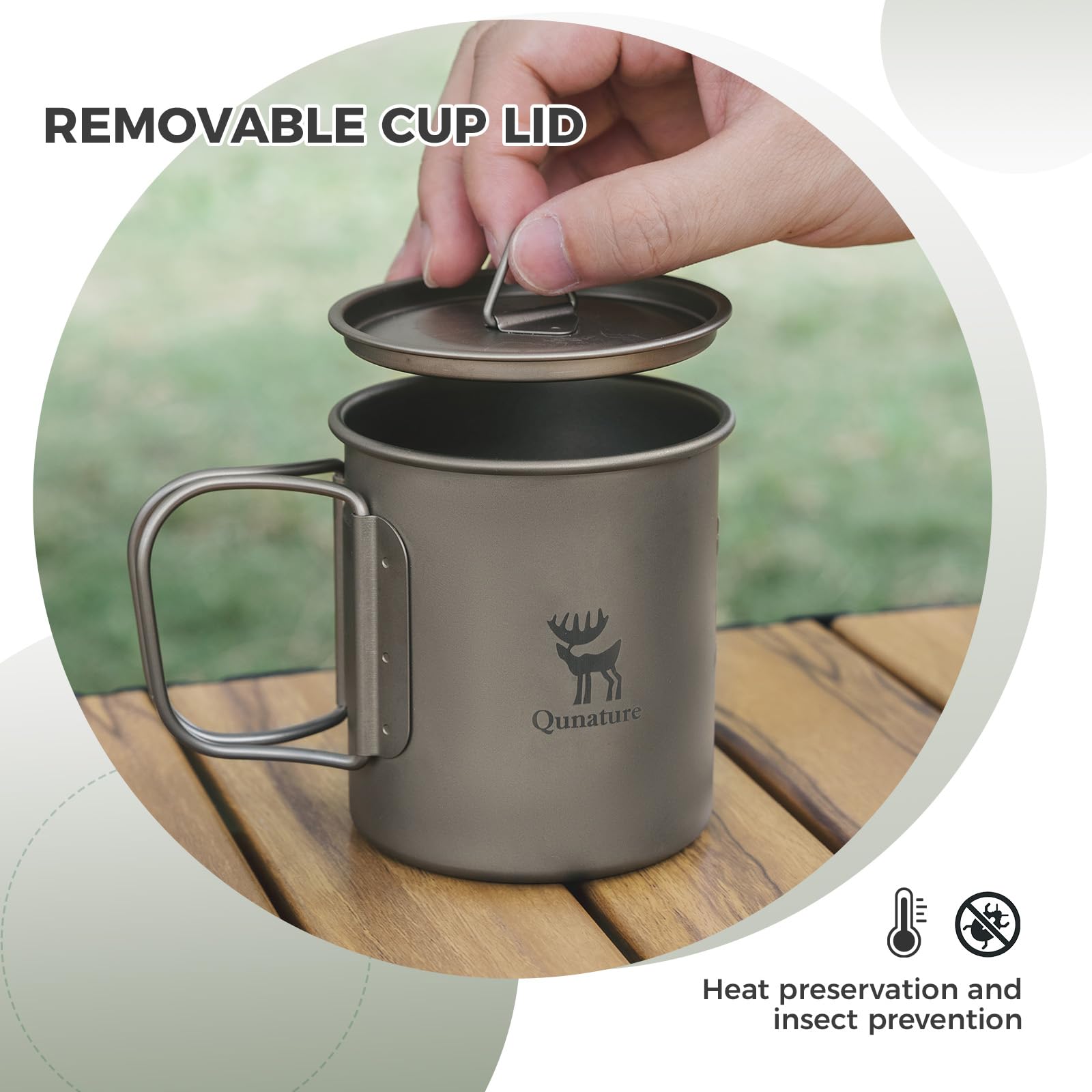 Tazza da Campeggio in Titanio 375ml, Tazza per Viaggio con Manico Pieghevole Antiscottatura e Coperchio Appendibile con Sacca di Stoccaggio, Leggero e Portatile, Escursionismo Trekking Picnic