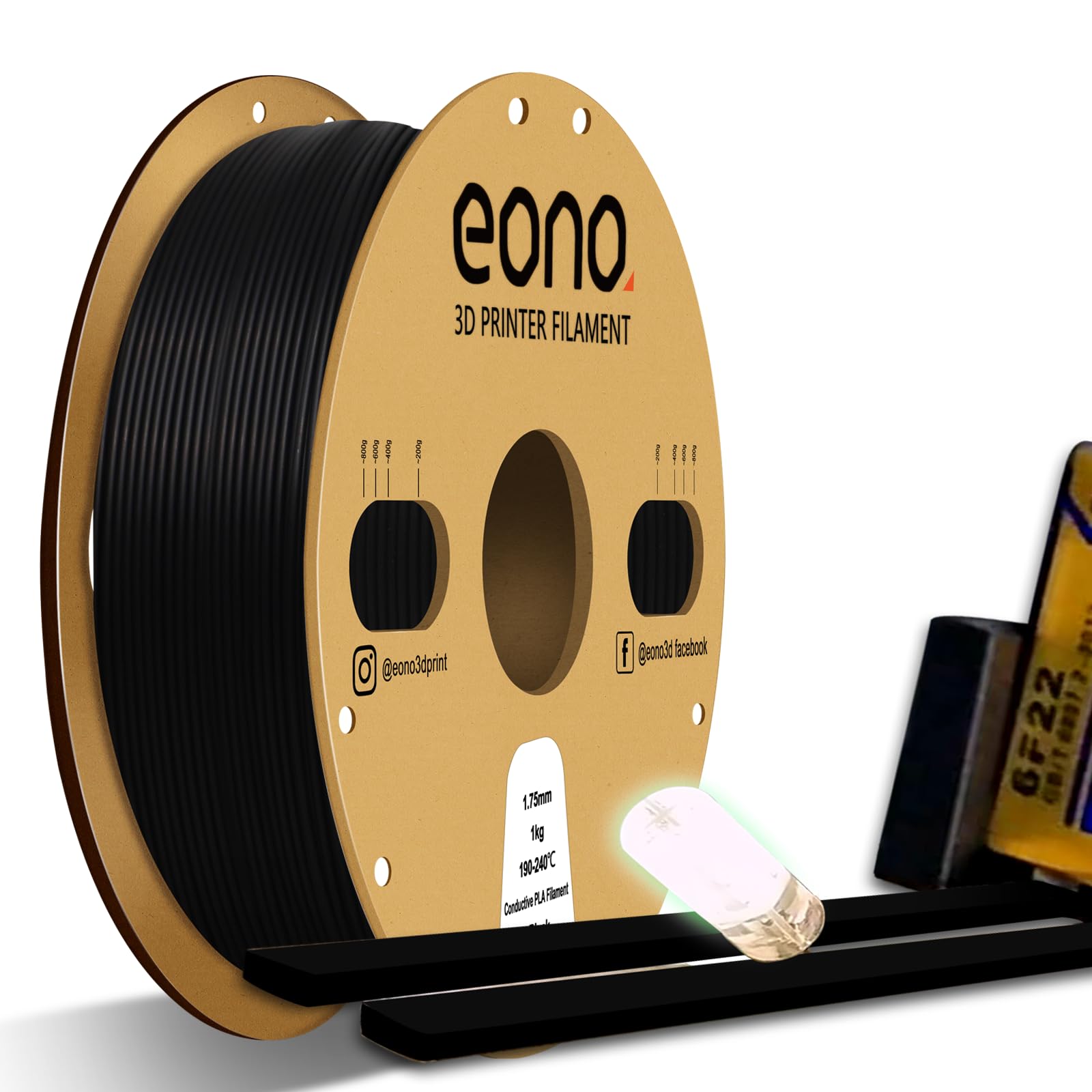 EONO Leitfähiges PLA Filament 1.75mm 1KG Elektrisch Conductive 3D Drucker Filament für ESD-Schutz, Sensoren & funktionale Prototypen – Kompatibel mit FDM Druckern, Schwarz