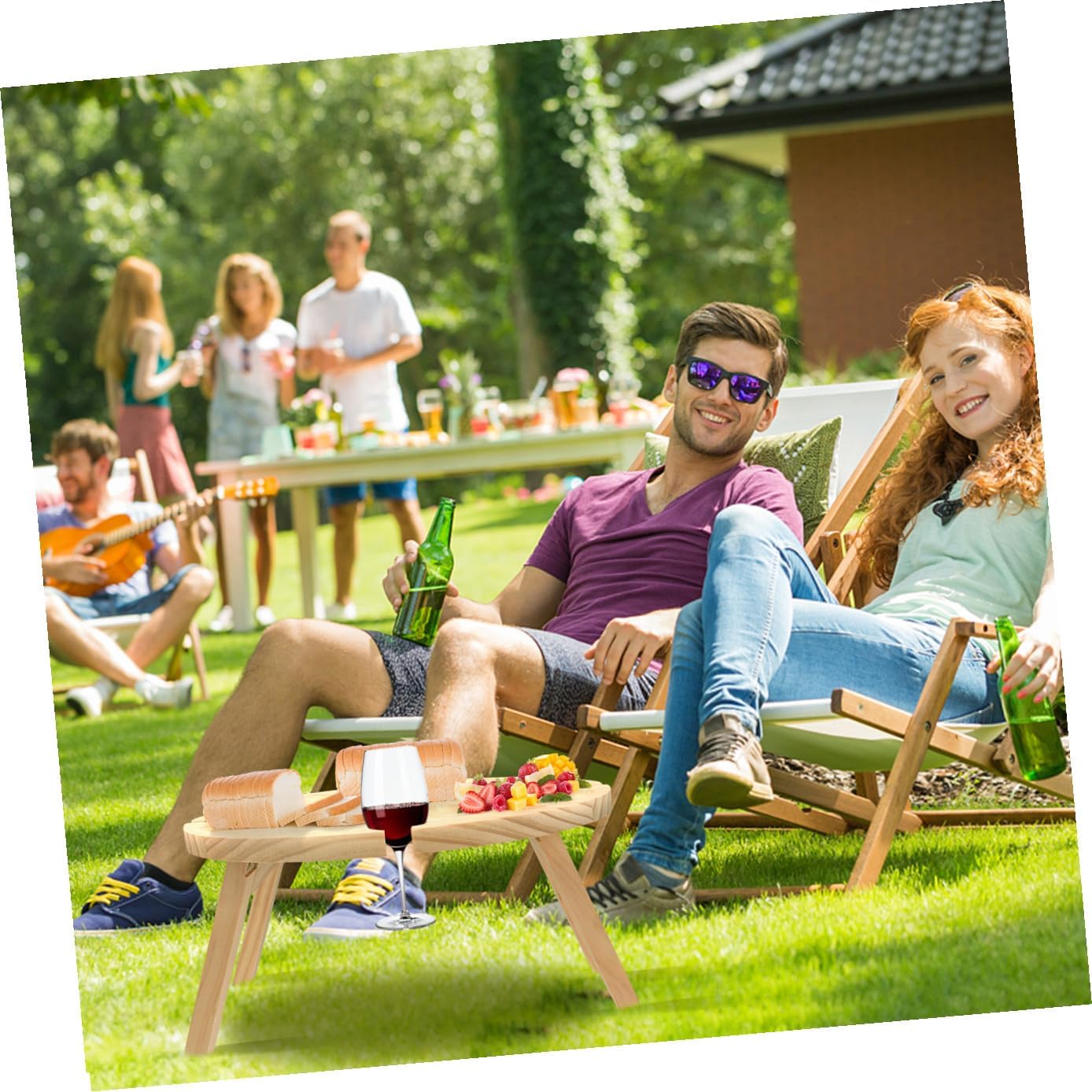 Foldable Wooden Wine Serving Table Portable Round Picnic Table for Outdoor Patio Dining and Beach Camping Use