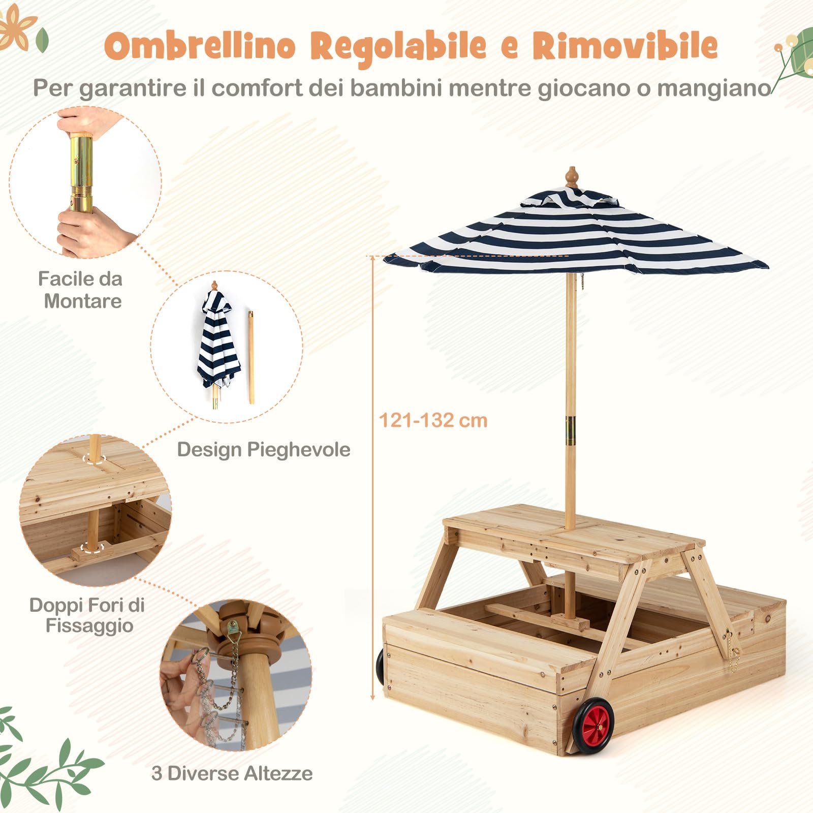 COSTWAY 3 in 1 Sabbiera in Legno, Tavolo da Picnic per Bambini Trasformabile con Panche, Ombrellone Rimovibile e Ruote, Set da Gioco per Bambini 3-5 Anni, per Esterno e Giardino