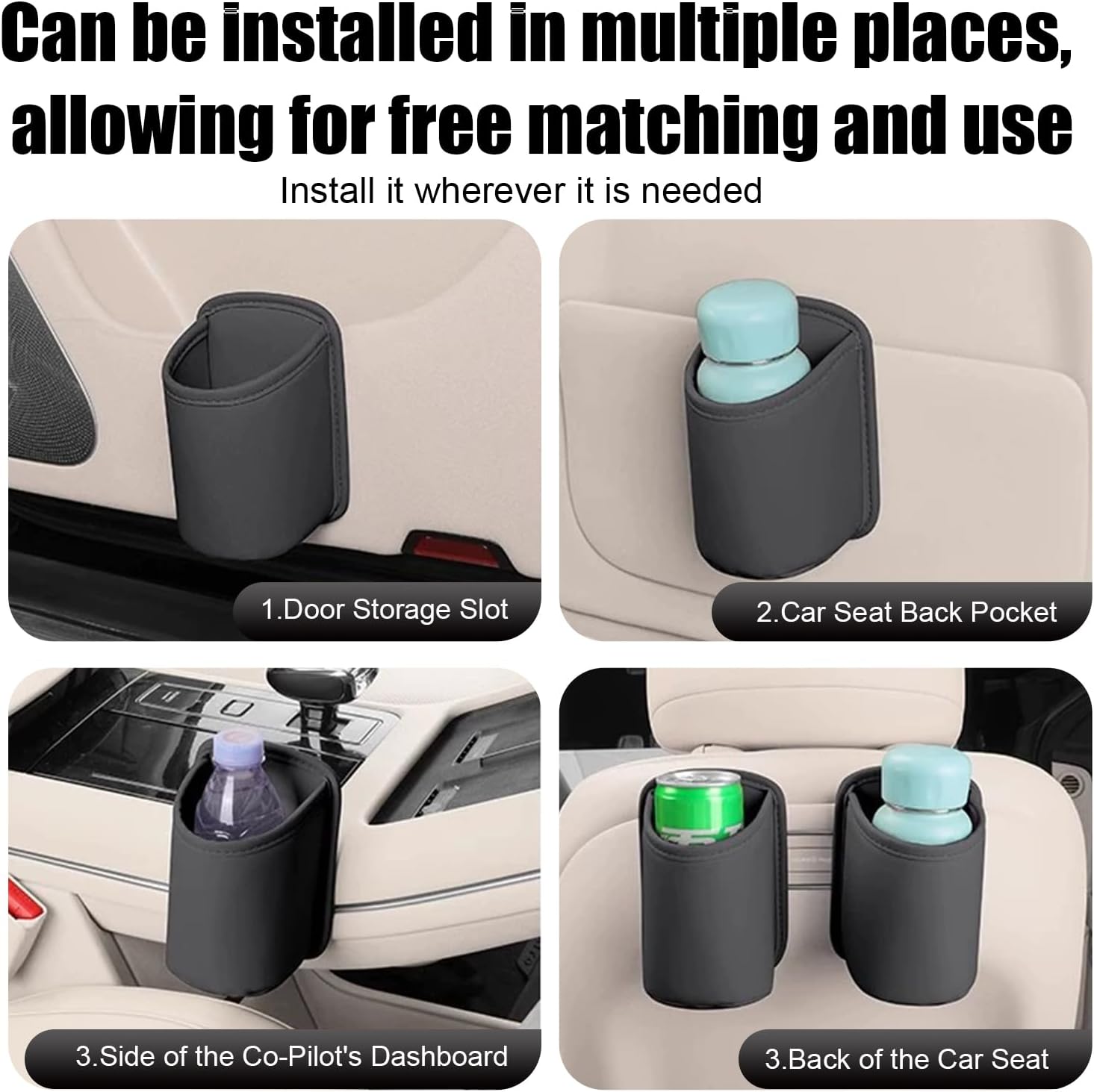 2 PCS Leather Car Cup Holder Organizers, Multifunctional Storage Bag for Drink & Phone & Trash, Waterproof Cleanable Holder, Insert Storage Accessory for Seat Back & Door Panel (Black)