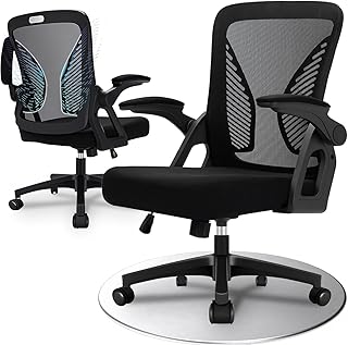 Durrafy Ergonomic Office Chair, Desk Chair with 90° Flip-up Armrests, Lumbar Support & Height Adjustable, Breathable Swivel Computer Chair with Tilt Function, Mid-Back Mesh Chair For Home/Office