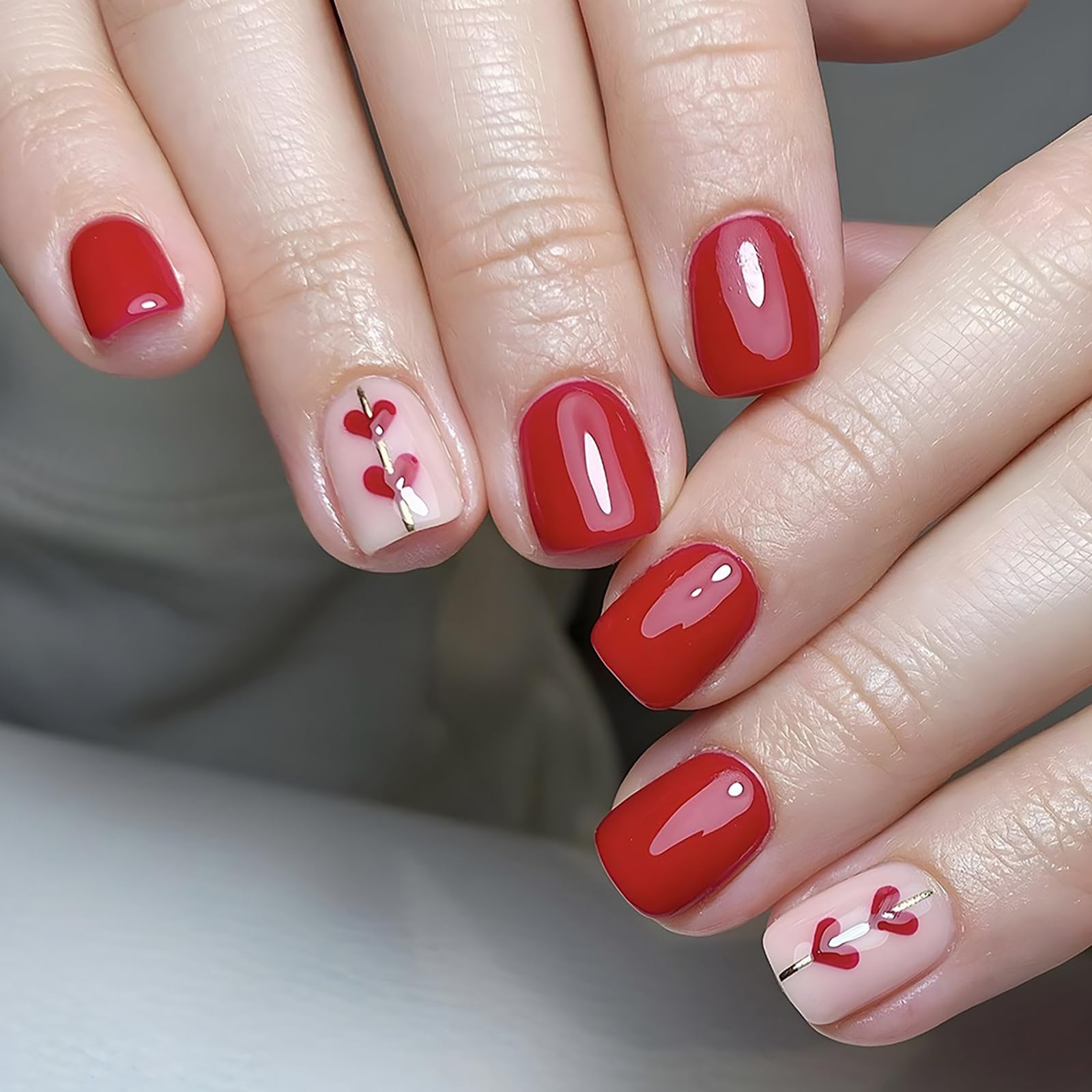 Valentines Press on Nails Short Square OFDNE Red Fake Nails False Nails with Red Heart Designs Full Cover Glossy Glue on Nails Acrylic Nails Stick on