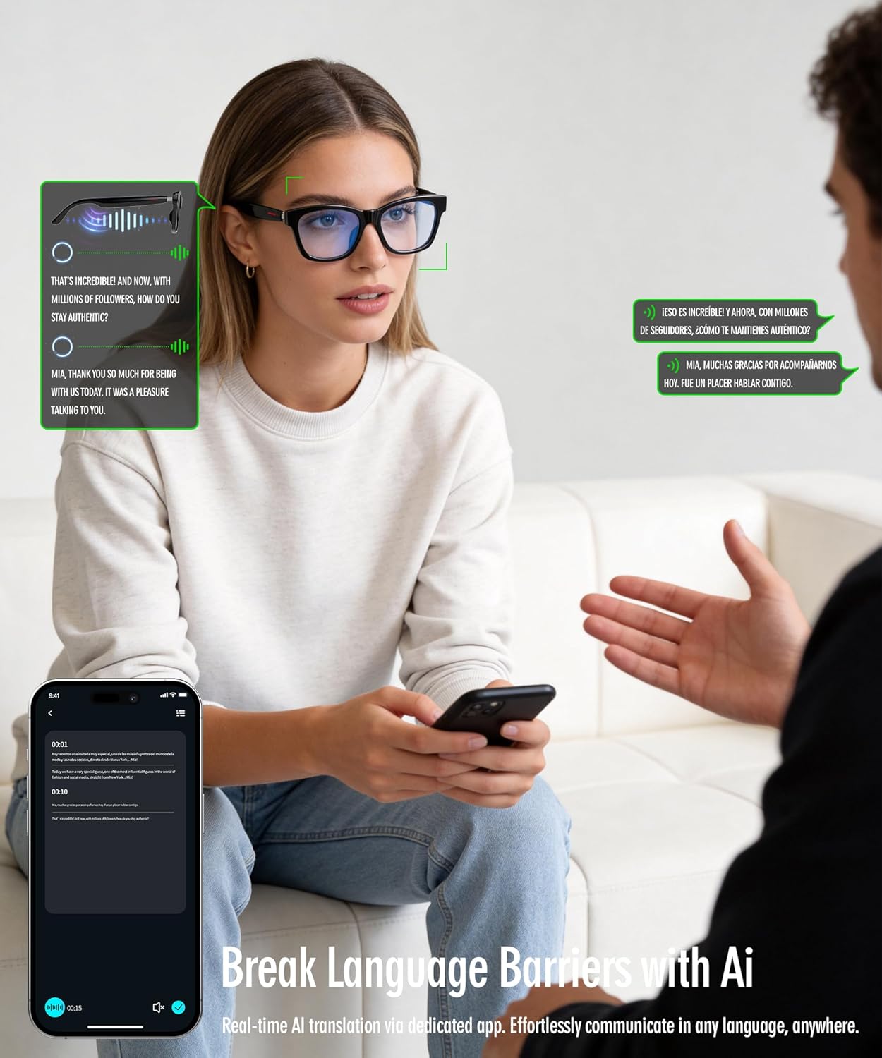 AI Smart Glasses, Bluetooth Audio Glasses for Men Women, Blue Light Smart Glasses with Noise Cancelling, Hands-Free Calls, Music & Voice Control for Work/Study/Travel, iOS/Android