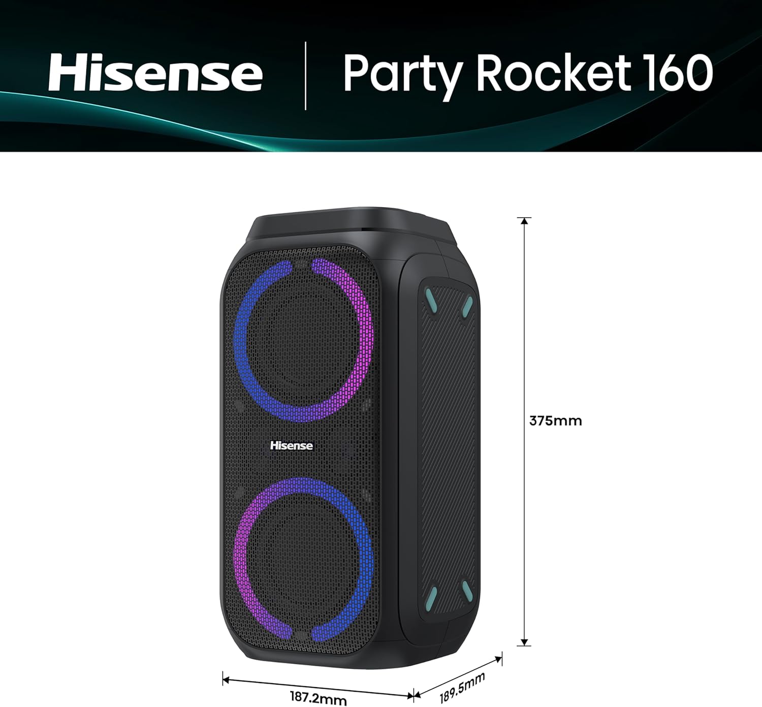 Hisense HP160 Party Rocket – Altavoz Portatil, Modo Karaoke, 160W, 5 Efectos de Luz, Batería de hasta 12 Horas de Duración, Modo Dual (2 Altavoces), Plug and Play, Bluetooth, AUX, USB, IPX4 4