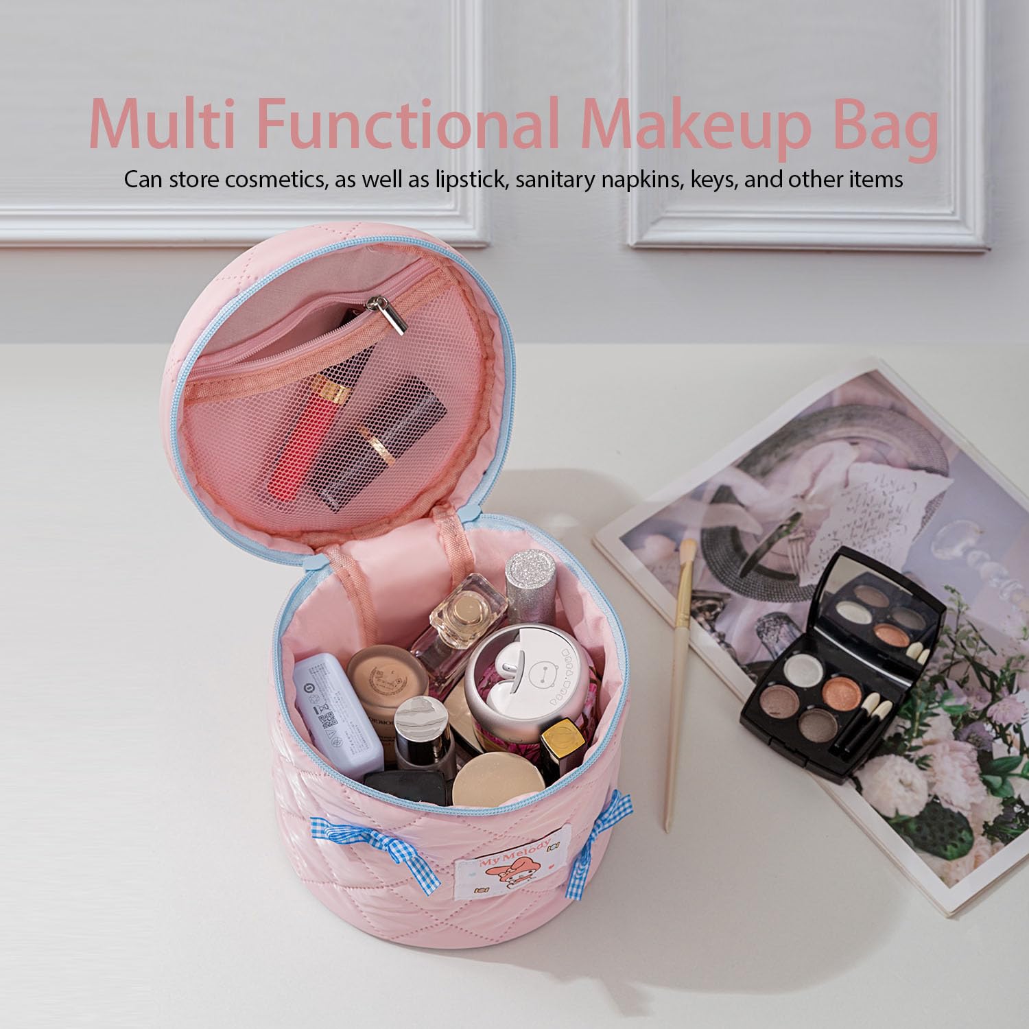 Vimanllie Small Cosmetic Bag Makeup Bag Waterproof Travel Case with Brush Holder, Cylindrical Handheld Portable Storage for Women, Toiletry Bag for Home&Travel,Fashion Sweet Cute for Girls