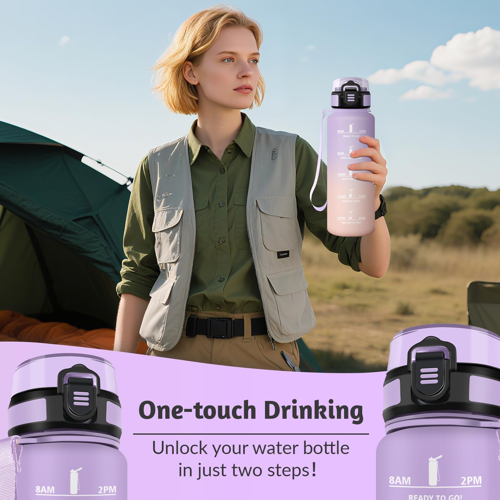 Borraccia 1500 ml, Prova di Perdite, Borraccia Motivazionale, Sportiva Tempo, Borraccia Sportiva Lavanda chiara & Rosa chiaro