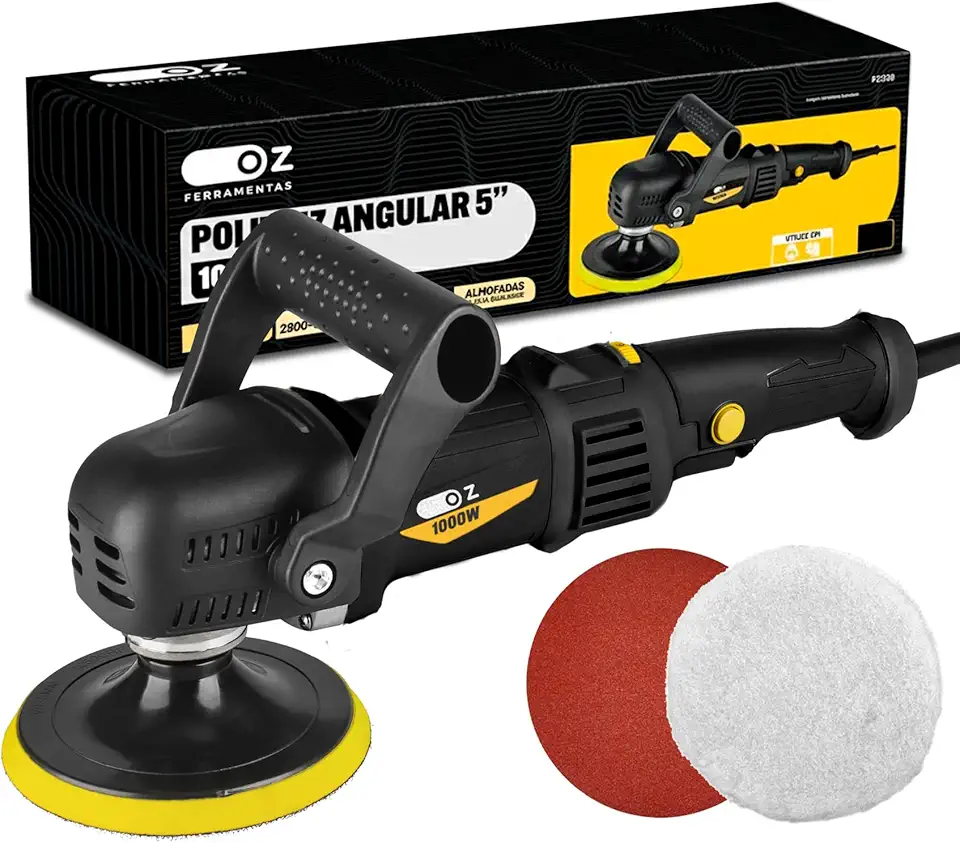 Politriz Angular 5” 1000W Oz PZ1200 – Velocidade Variável 2800-5800 RPM, Compacta e Resistente, Com Disco e Acessórios (220V)