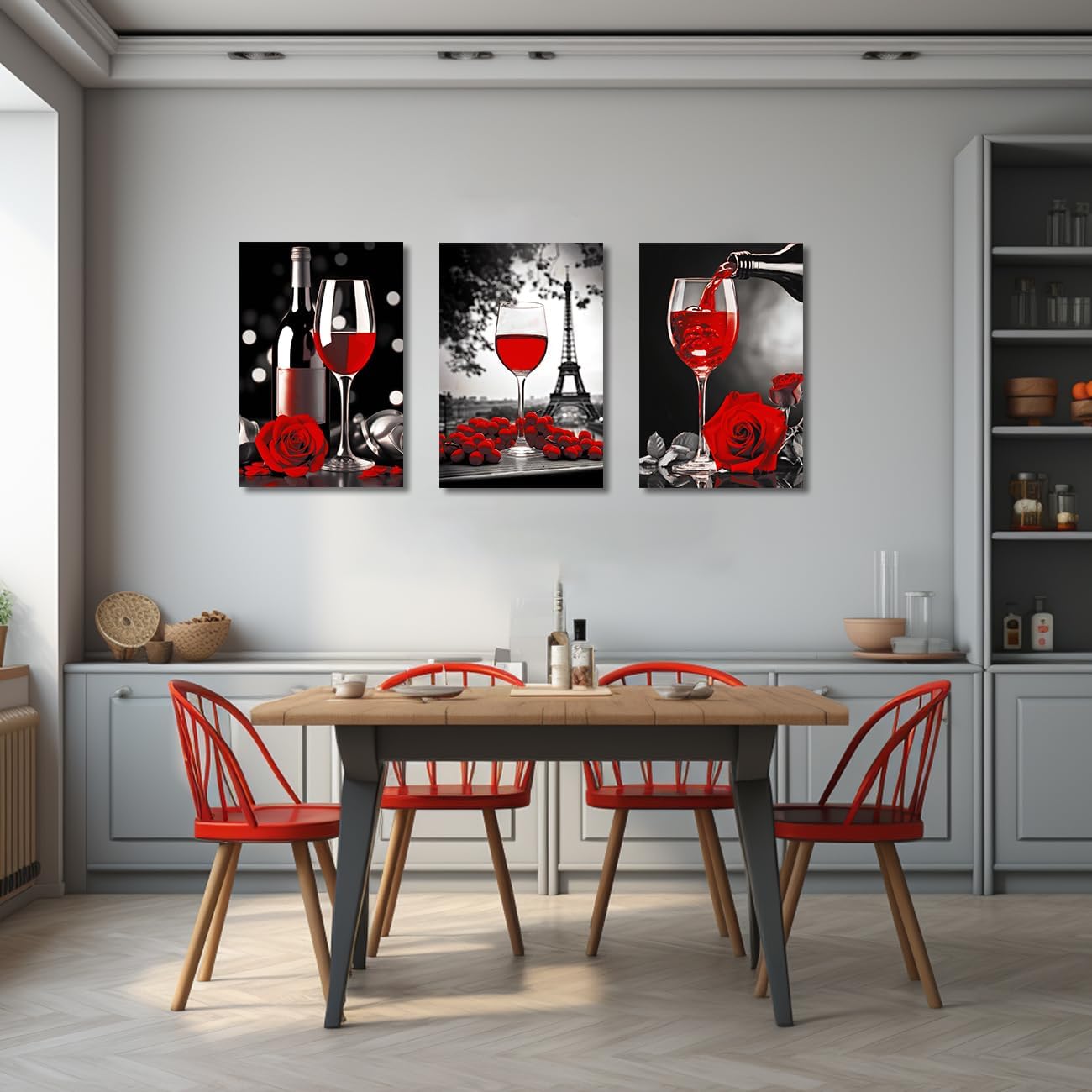 CXHOSTENT 3 Panel Wine with Rose Wall Art, Canvas Prints, 11.00"x14.00", Kitchen, Dining Room, Restaurant Decor