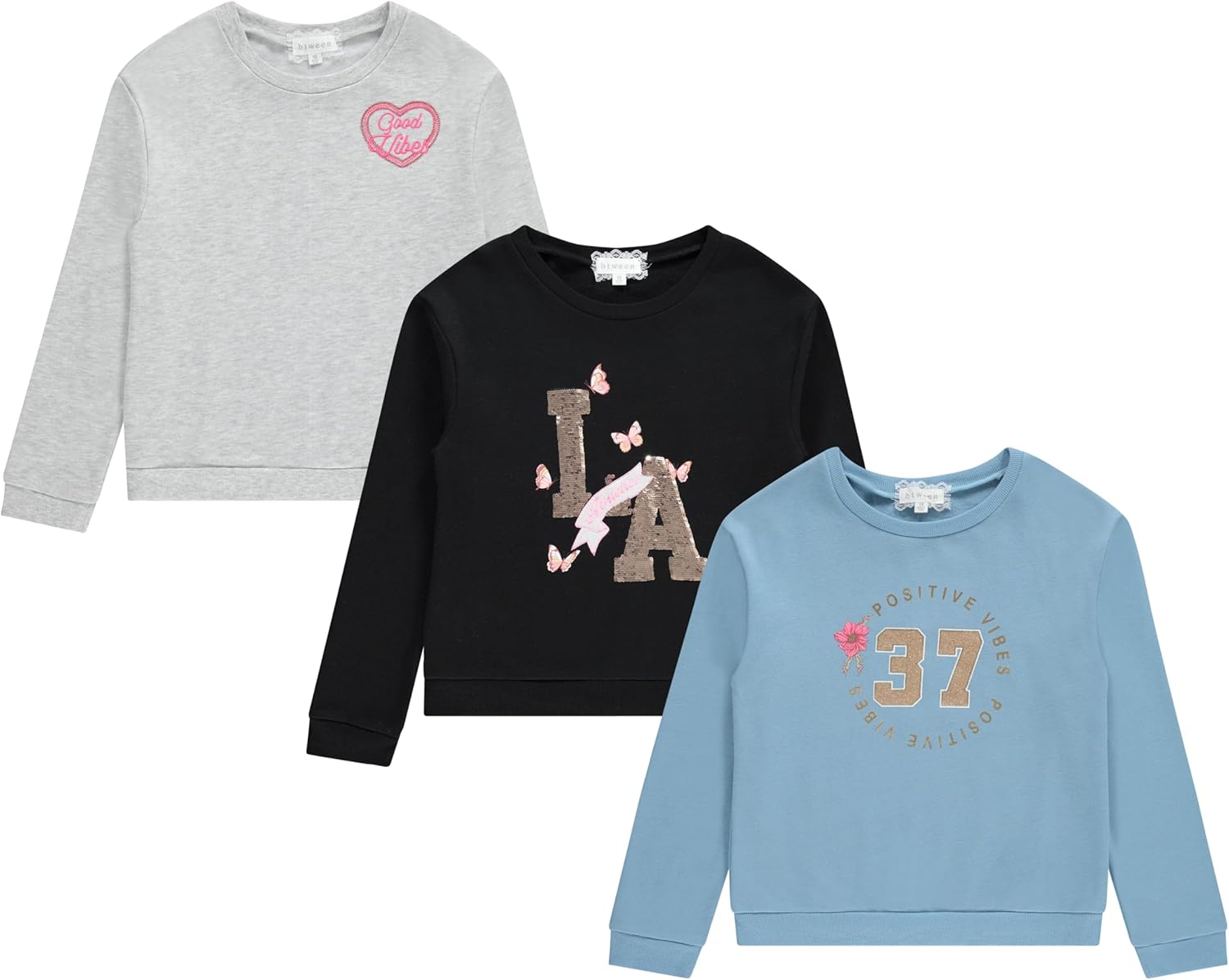BTween Girls Cozy Cotton Blend Sweatshirt Set, 3 Pack of Trendy Sweatshirts for Kids, Sizes 4-12