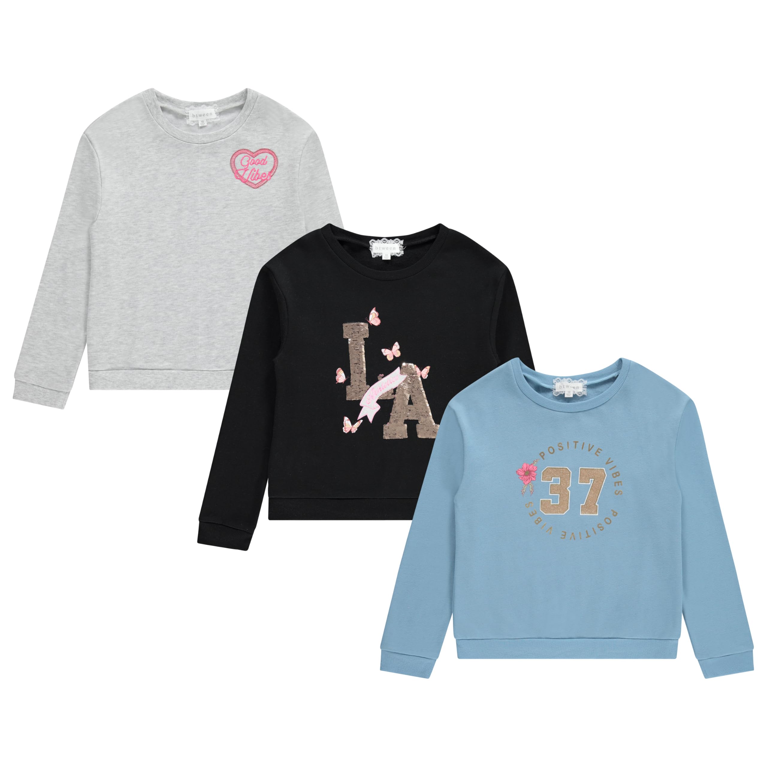 BTween Girls Cozy Cotton Blend Sweatshirt Set, 3 Pack of Trendy Sweatshirts for Kids, Sizes 4-12