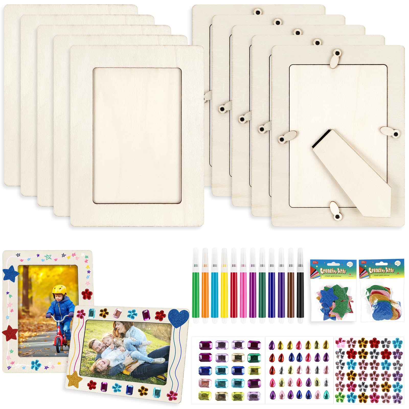 Holzbilderrahmen Set 10 Stk. mit Glitzersteinen Stickern Stiften 20x15cm | 10er-Set Holzbilderrahmen zum Bemalen, DIY-Bastelset mit Glitzersteinen Stickern & Stiften für Geburtstag Party Deko Geschenk