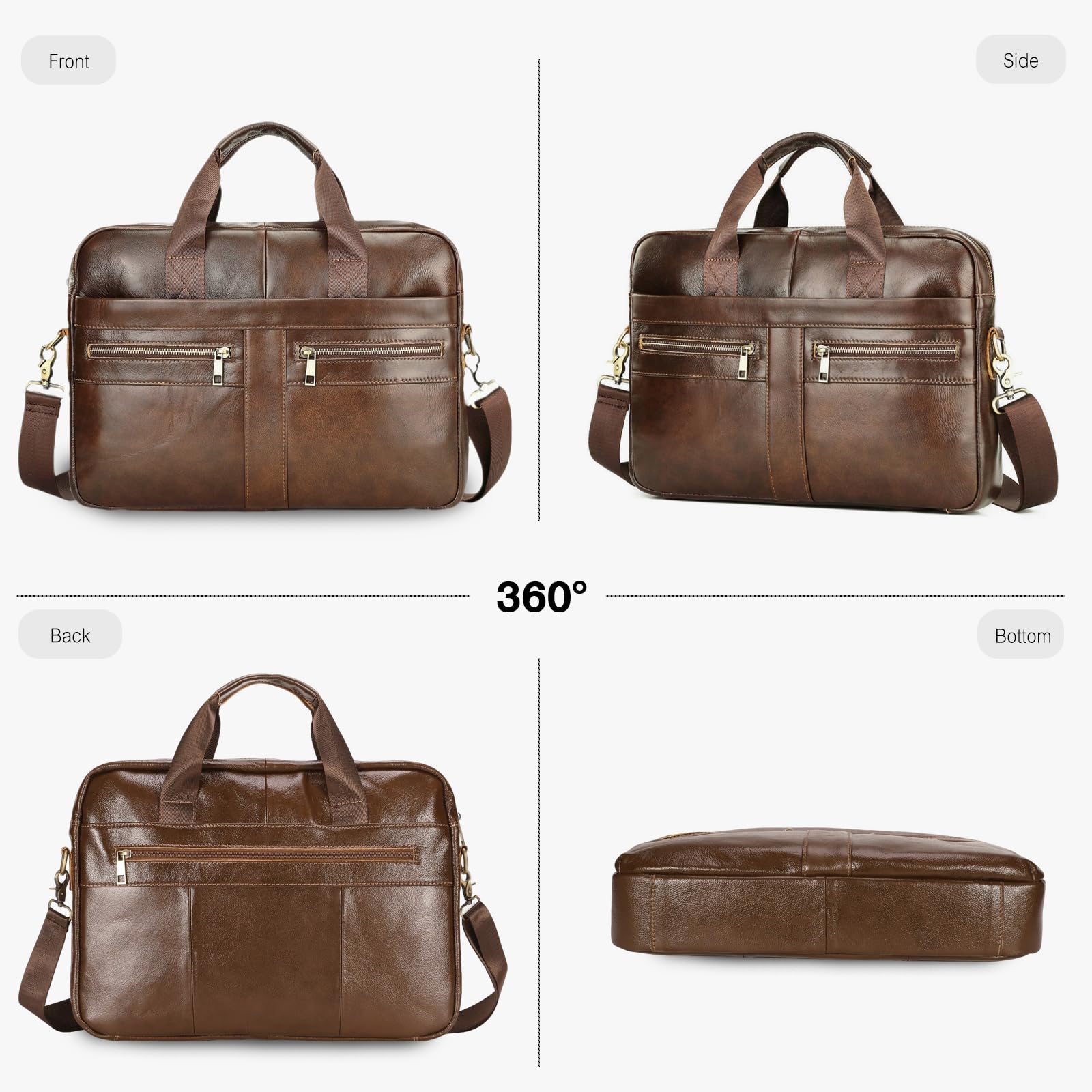 FANDARE Męska skórzana aktówka na dokumenty, torba biznesowa, listonoszka, aktówka, torba na ramię na laptopa o przekątnej ekranu 15,6", torba z uchwytem, do pracy i podróży