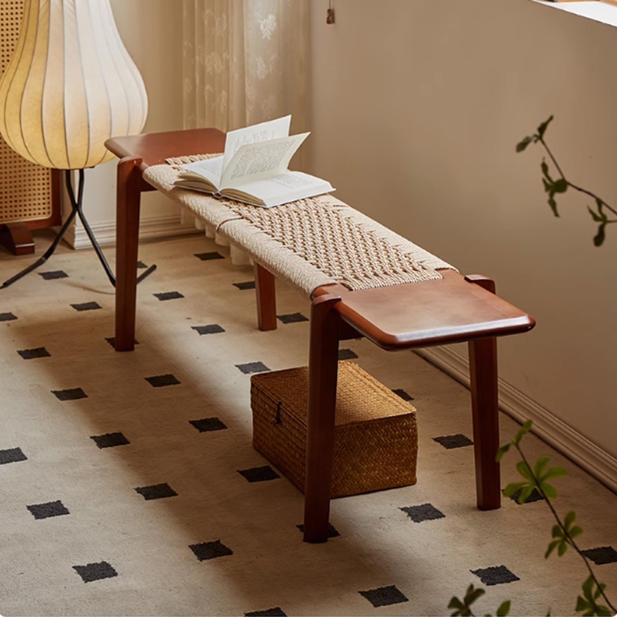 Banc de style ferme en bois et rotin 140 cm meuble de rangement entrée