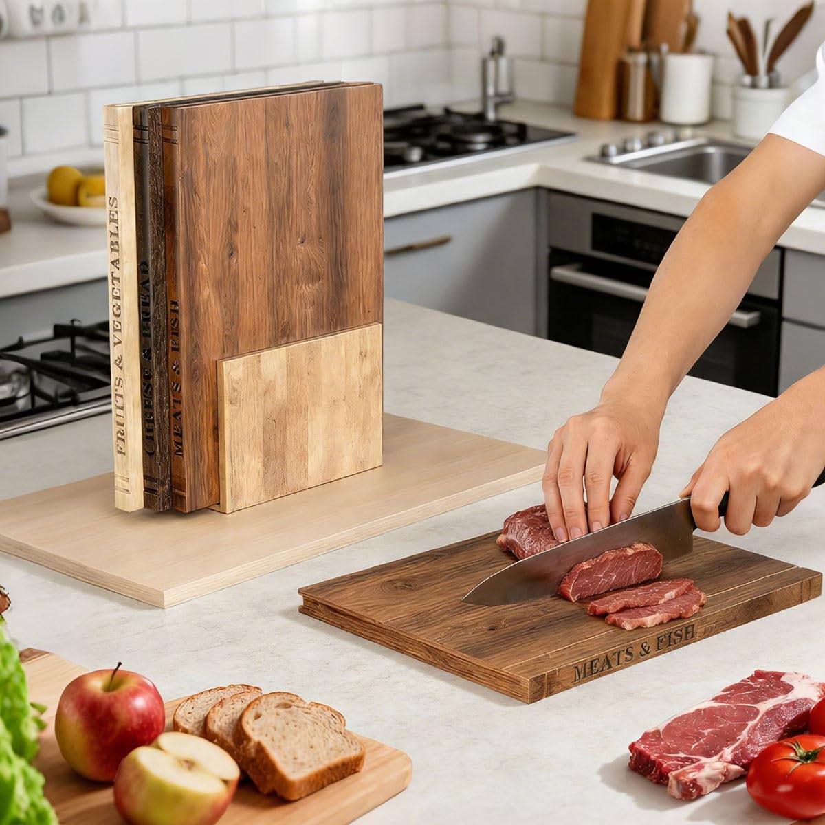 Juego de 3 Tablas de Cortar de Madera para Libros de Biblioteca, Antideslizantes con Ranura para Jugos, Fáciles de Guardar y con Soporte, Bandeja para Servir Carne, Verduras, Frutas(Marrón)