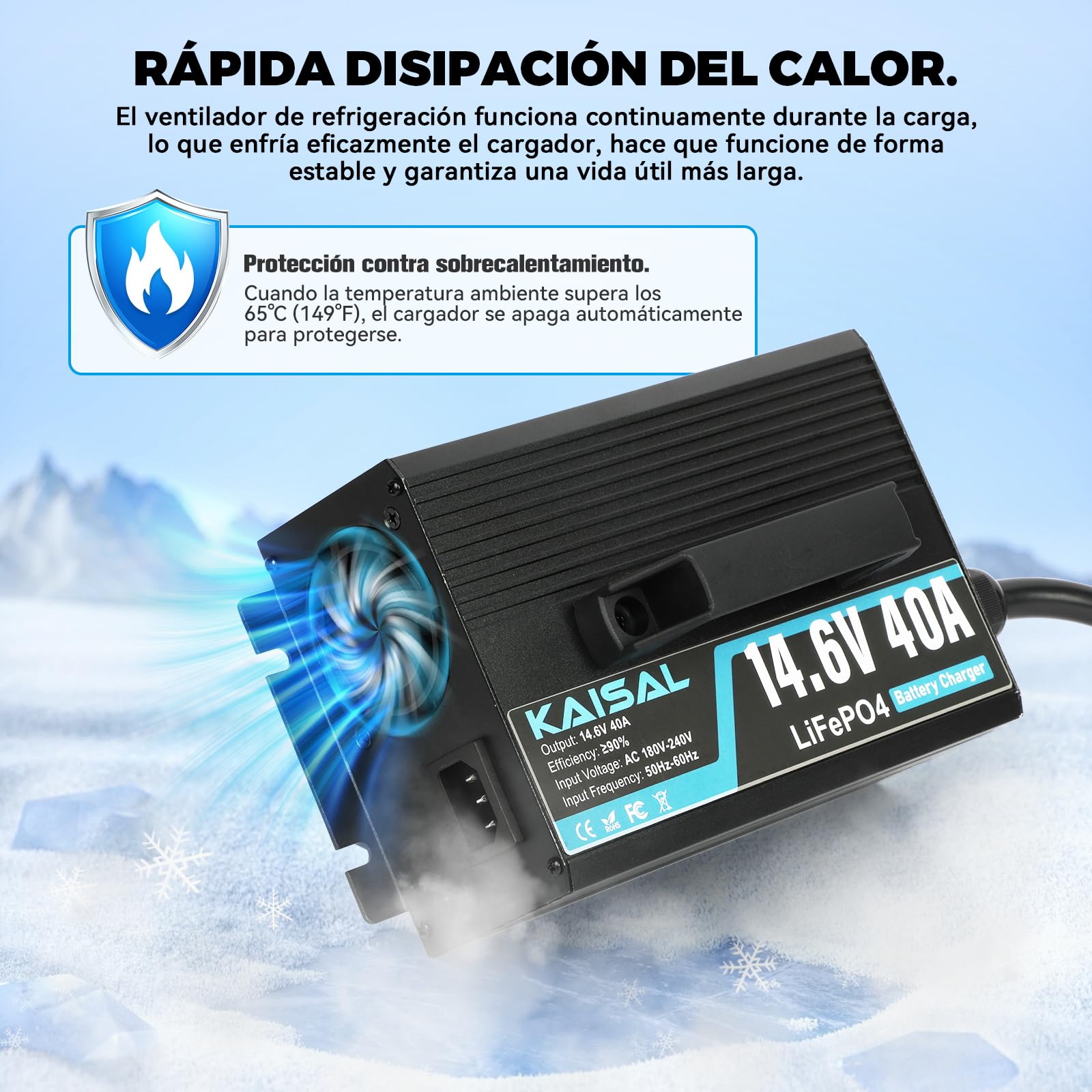 KAISAL 14.6V 40A Cargador de Batería LiFePO4, Cargador de LiFePO4 para 12V/12.8V Batería de Litio,12V Cargador de Bateria Litio Recargable de Ciclo Profundo para Autocaravanas,Barcos,Solar