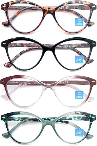 Gafas de lectura con bloqueo de luz azul para mujeres, paquete de 4, lentes de lectura con anti UV, ojo de gato, cara pequeña, para mujeres lectoras