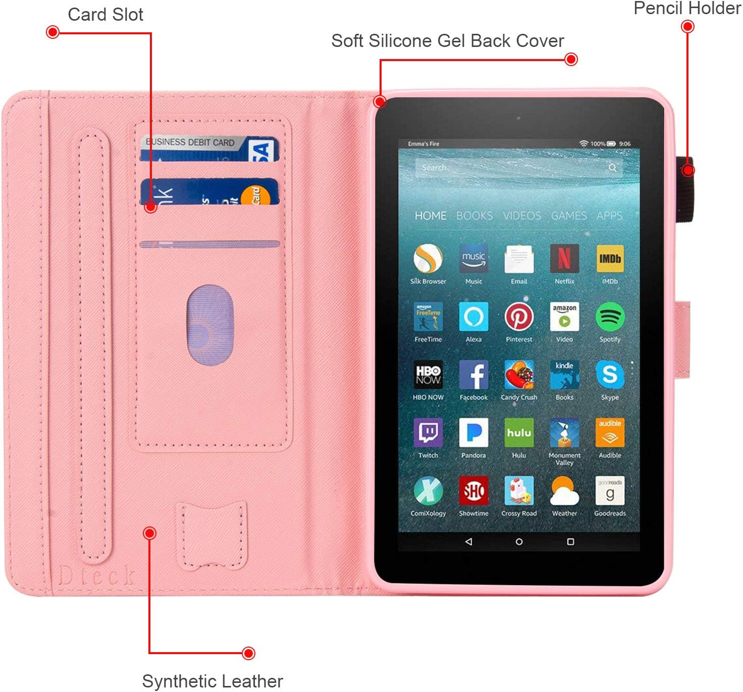 Dteck Case Cover for Kindle Fire 7 Tablet (7" Display, 9th/7th/5th Generation, 2019/2017/2015 Release) - Auto Sleep Wake Case Synthetic Leather Wallet Protector Fold Stand Kindle Cover (White Marble)