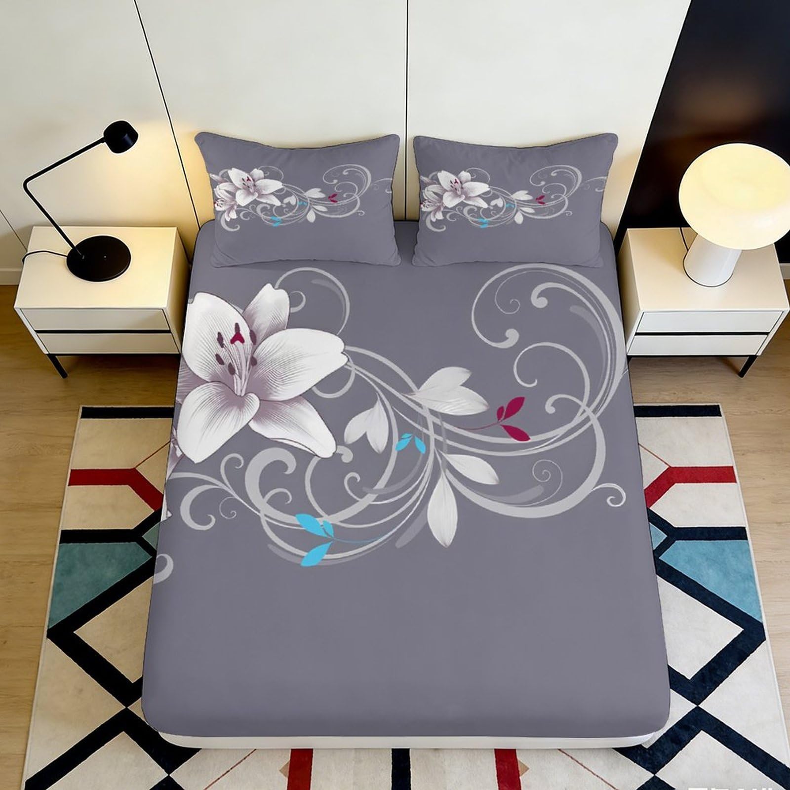Jqzkxnhpbr Style-6 3D Printed Elegant Lily Fitted Sheet Microfiber Soft Floral Swirl Mattress Cover For Bedroom Guest Room Decor 90X200x25cm