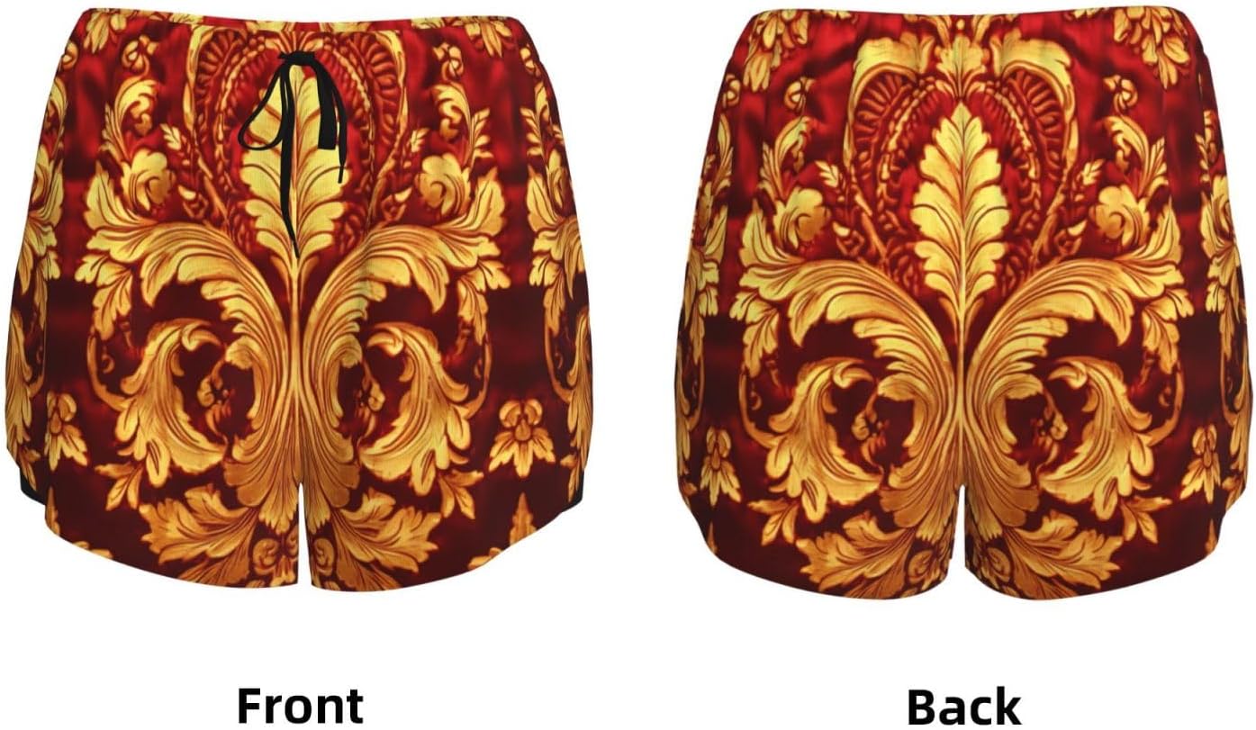 Damask Pattern Print Women's Running Shorts,Athletic Shorts with Elastic Pockets,for Yoga,Jogging and Fitness