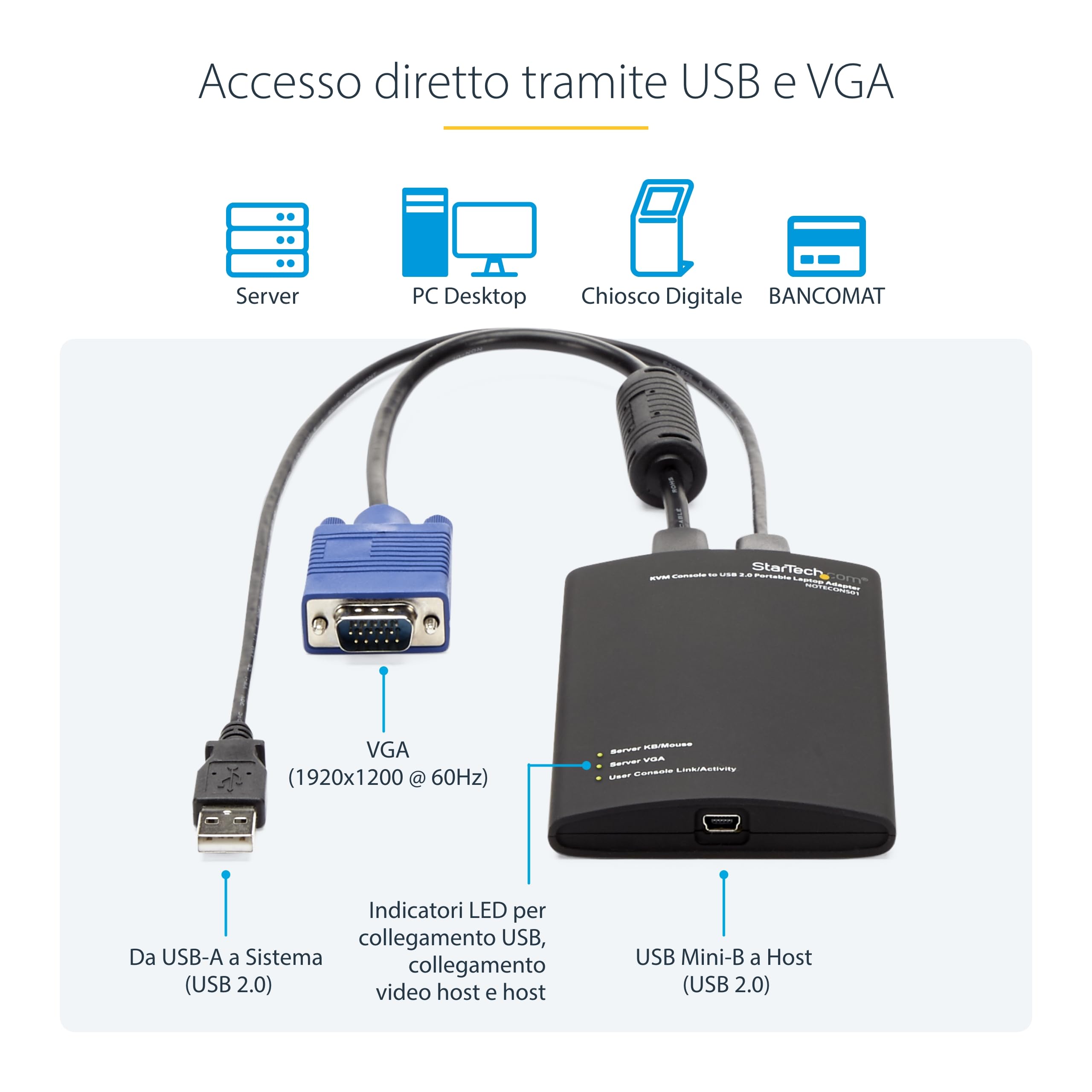 StarTech Adattatore Crash Cart Portatile, Console KVM USB/VGA (NOTECONS01) | Ideale per laptop, Accesso diretto ai server, Nessun software richiesto, Console portatile USB 2.0