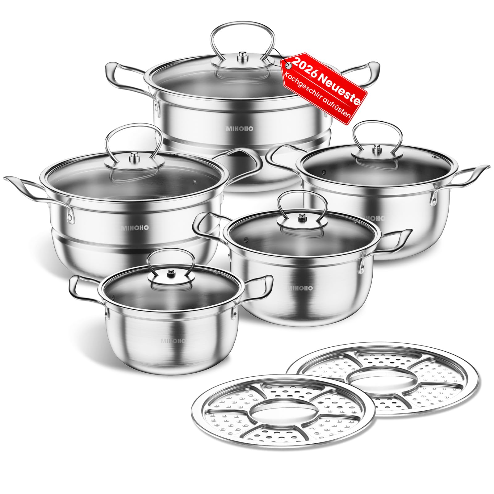 Set di pentole in acciaio inossidabile, grande set di pentole per piano cottura a induzione, con coperchio in vetro e casseruola con manico, 12 pezzi, set di pentole adatto a tutti i tipi di fornelli