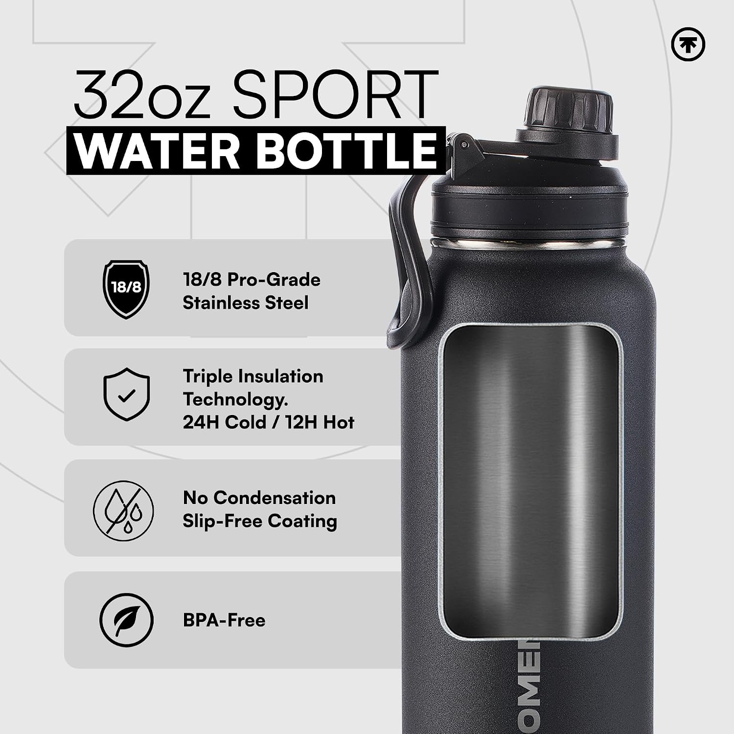 Sports Water Bottle Spout Lid, Proof Sport Design, Vacuum Insulated Stainless Steel, Wide Mouth, Double Wall, Triple Insulation Technology, Thermo Mug, 32 Ounce, Double Black