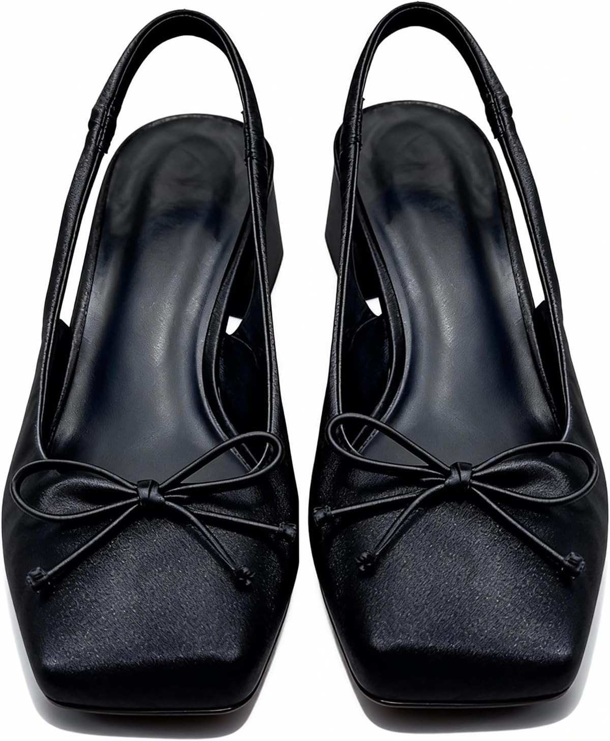 Satin Ballet Heels for Women Slingback Square Toe Bow Heels Chunky Heel Ballerina Pumps with Strap Maryjane Wedding Flats for Bride Elegant Party Shoes