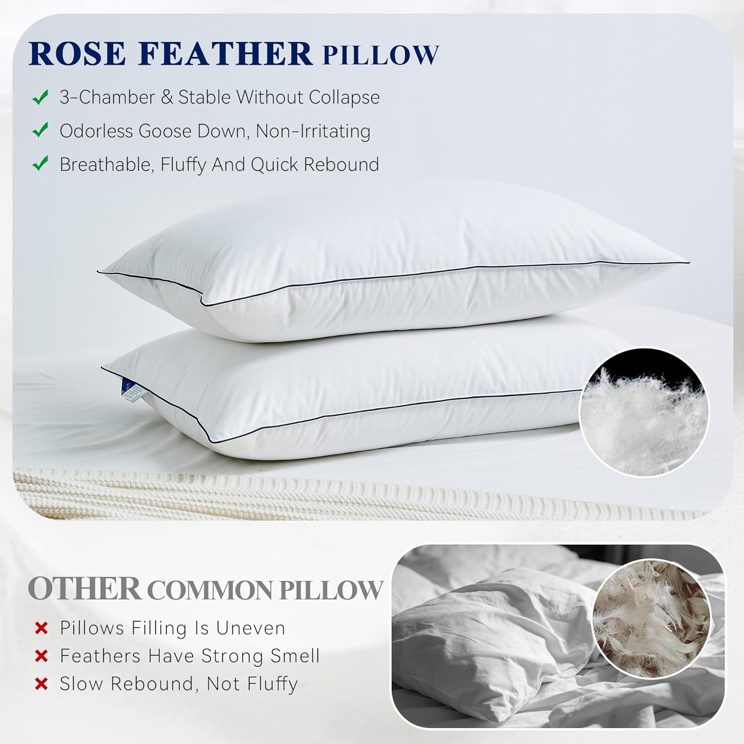 Goose Down Pillows Queen Size Set of 2, 3-Chamber Cervical Neck Support Down Feather Pillow 100% Soft Cotton Cover Luxury Hotel Bed Goose Feather Pillows (Queen (Pack of 2))
