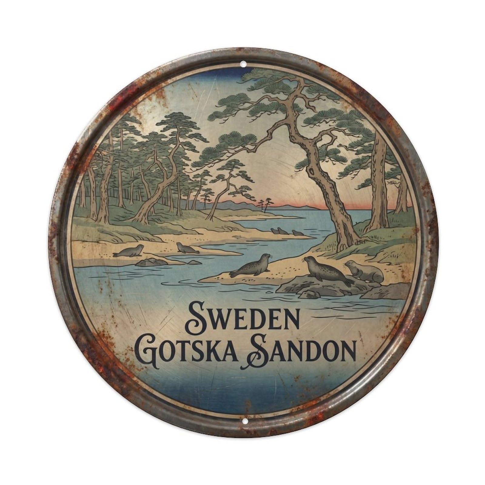 Gotska Remote Swedish Woodblock Travel Landmark Metal Tin Sign