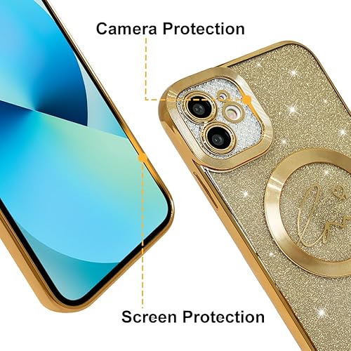 Miniatura 5 de Funda magnética transparente con purpurina para iPhone 13, compatible con Magsafe, diseño de corazón de amor, chapado de lujo, protector completo de