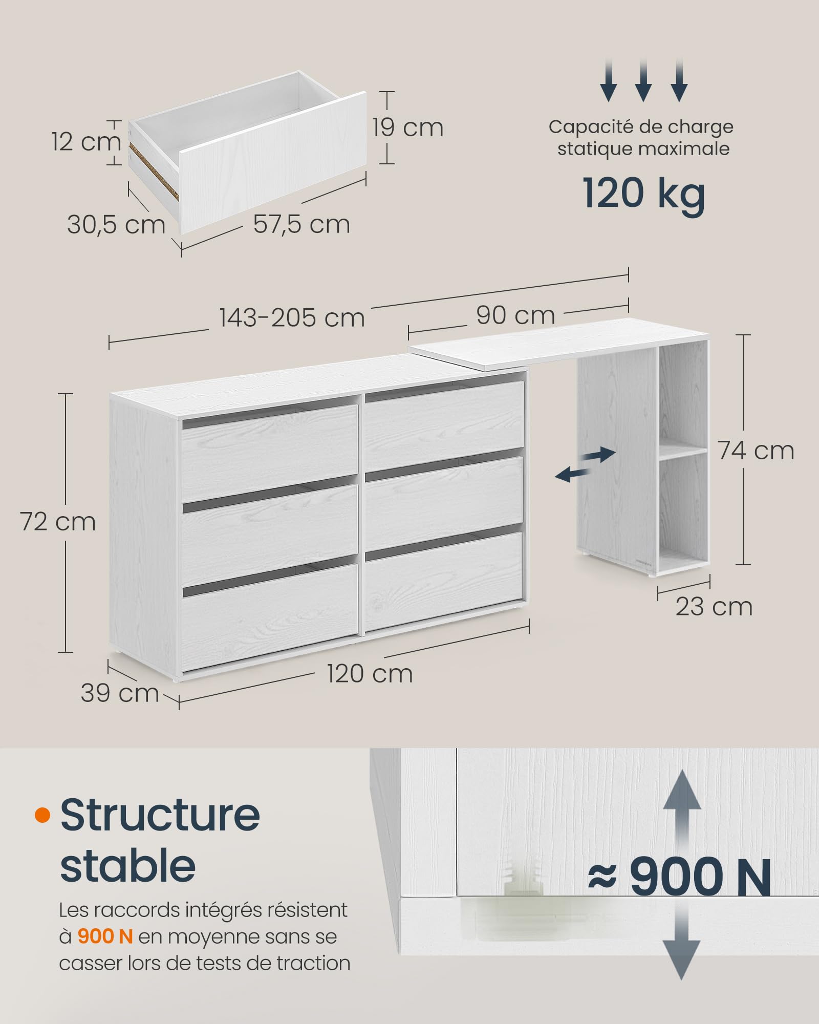 SONGMICS HOME Commode Chambre, Assemblage Rapide sans Outils Toolless, Coiffeuse, Meuble de Rangement, avec Étagère, Côte à Côte ou en L, pour Chambre, Bureau, Blanc Neige LTS656W01