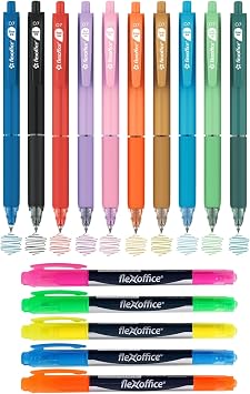 FLEXOFFICE 10-Pack Ballpoint Pens Assorted Colors 0.7mm & 5-Pack Fluorescent Dual Tips Highlighters | Back To School Supplies
