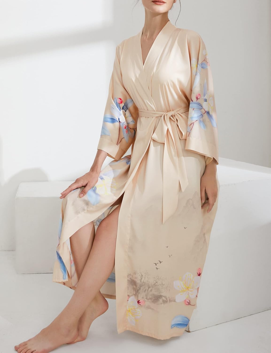 Aensso Long Soft Lightweight Silky Kimonos Robes for Women, Luxury Japanese Floral Womens Kimono Robe - Image 5